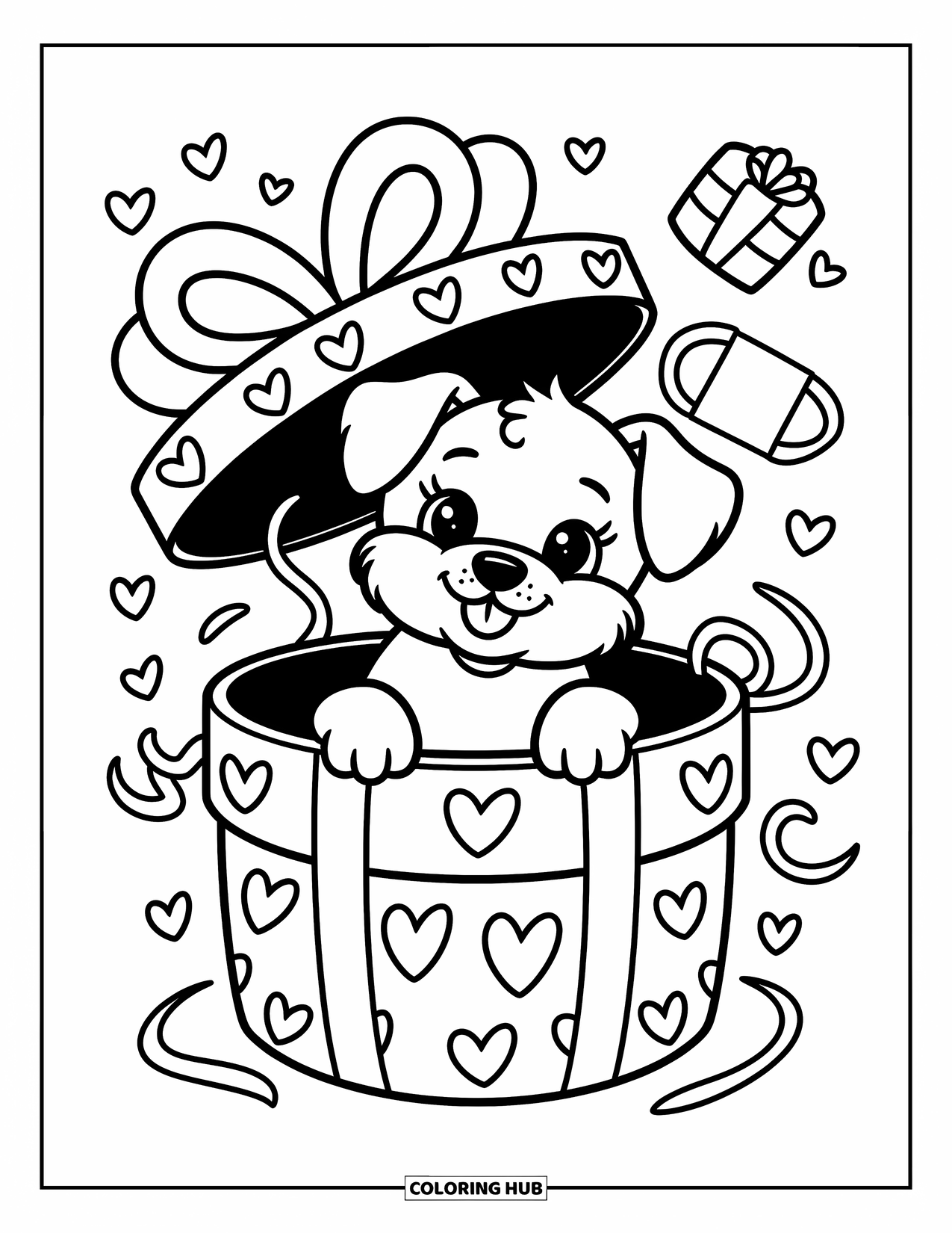 Puppy Valentines Day Coloring Page for Adults: A curious puppy pops out of a gift box covered in hearts