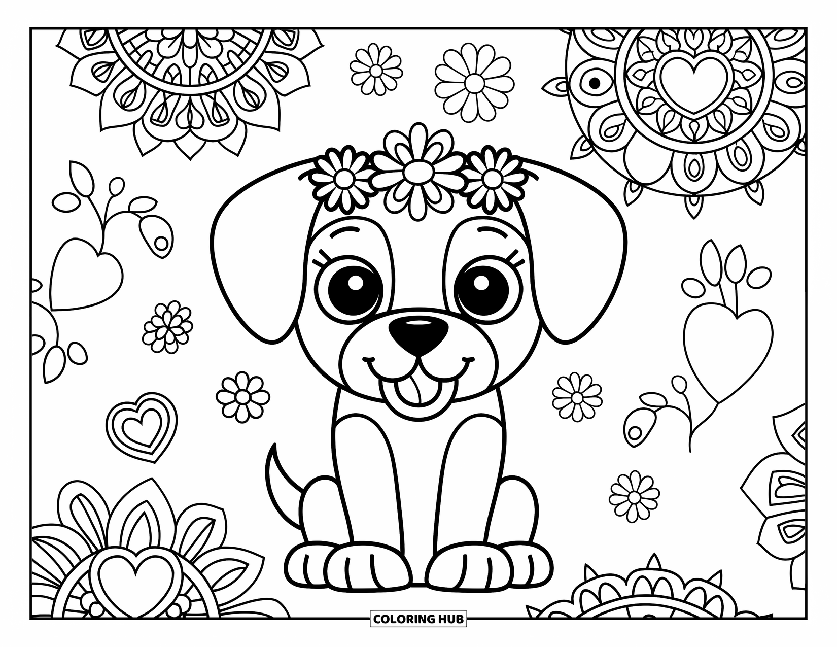 Puppy Valentines Day Coloring Page for Adults: A floral-crowned puppy surrounded by detailed heart mandalas