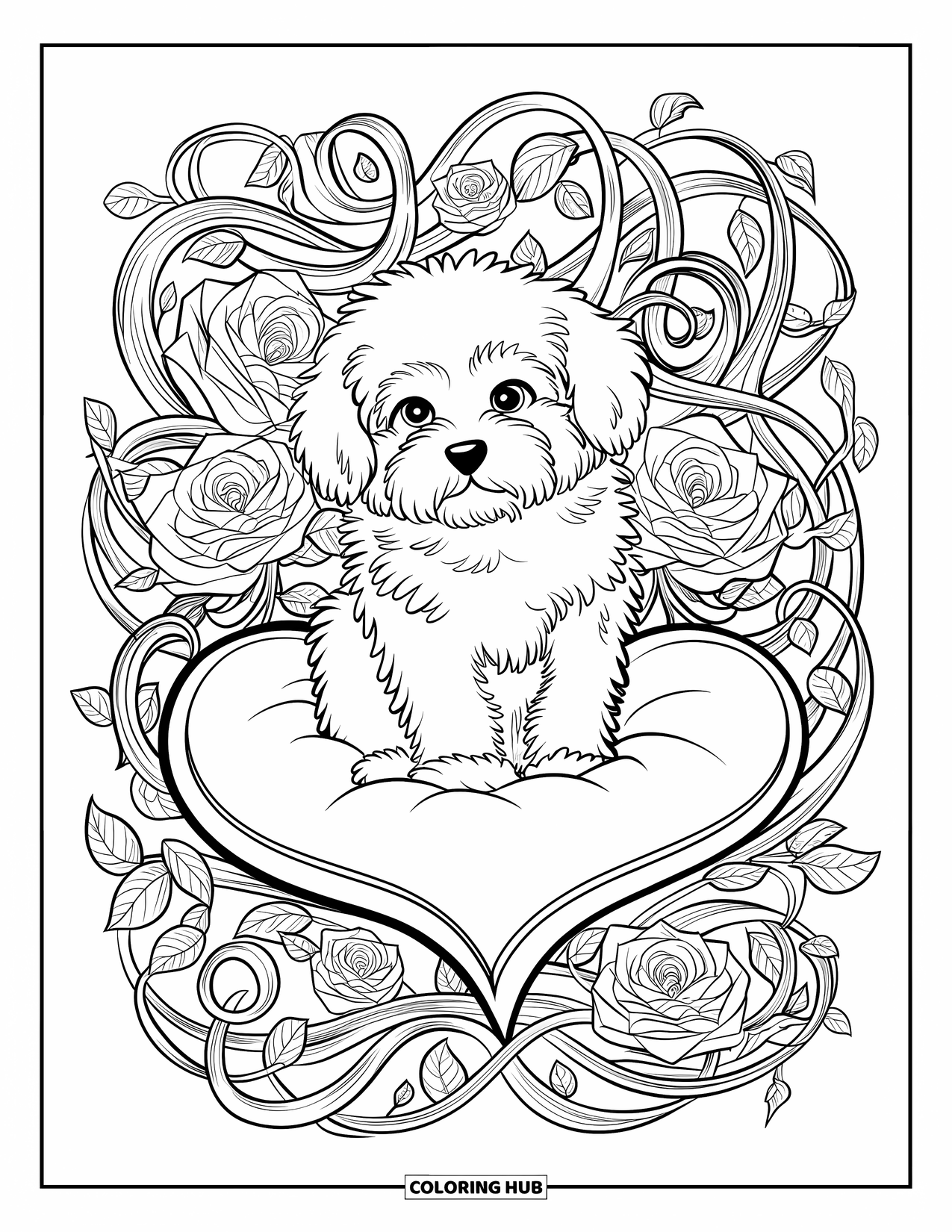 Puppy Valentines Day Coloring Page for Adults: A fluffy puppy sits on a heart cushion among roses and vines