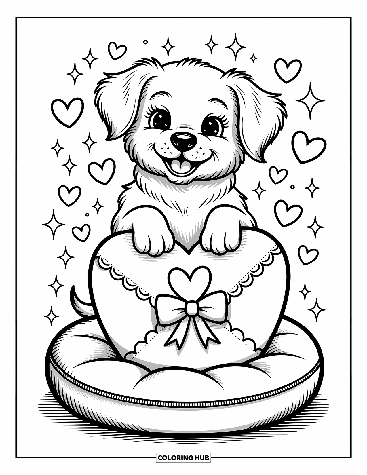 Puppy Valentines Day Coloring Page for Adults: A happy puppy rests with a heart envelope and floating hearts