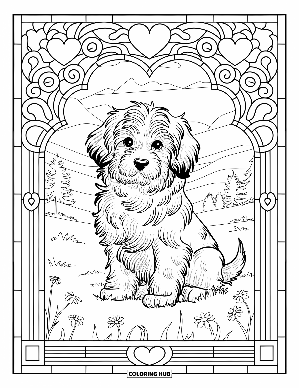 Puppy Valentines Day Coloring Page for Adults: A long-haired puppy framed in stained glass hearts and flowers