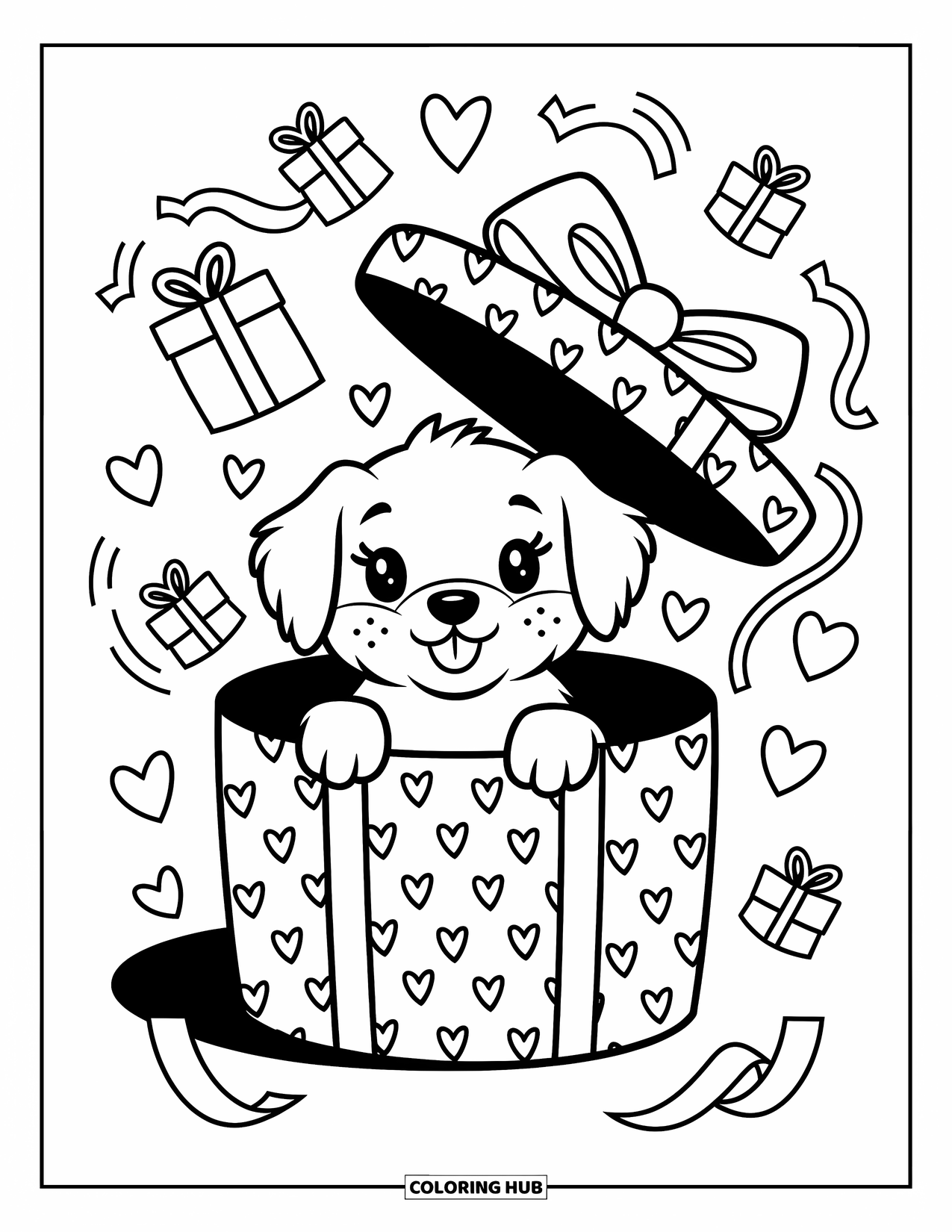 Puppy Valentines Day Coloring Page for Adults: A playful puppy emerges from a heart-decorated gift box