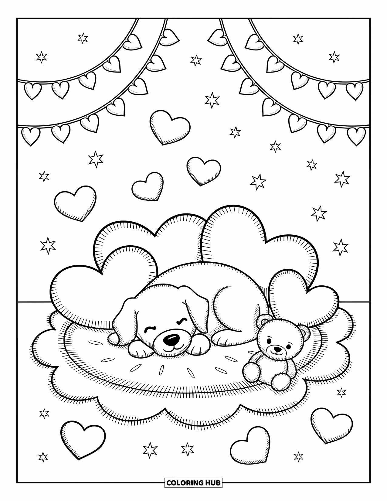 Puppy Valentines Day Coloring Page for Adults: A puppy curls up with pillows, stars, and candy-shaped doodles