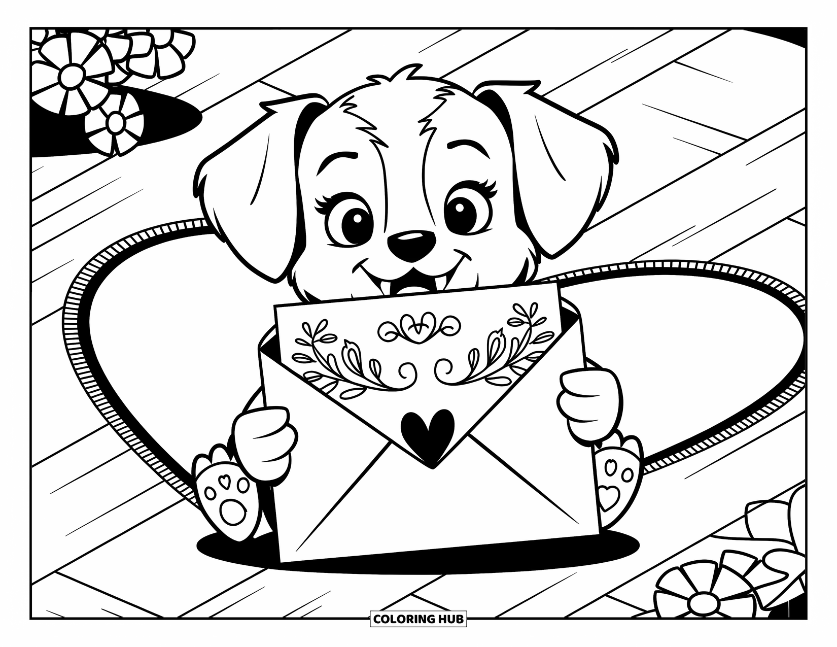 Puppy Valentines Day Coloring Page for Adults: A puppy holds a floral envelope while sitting on a wooden floor