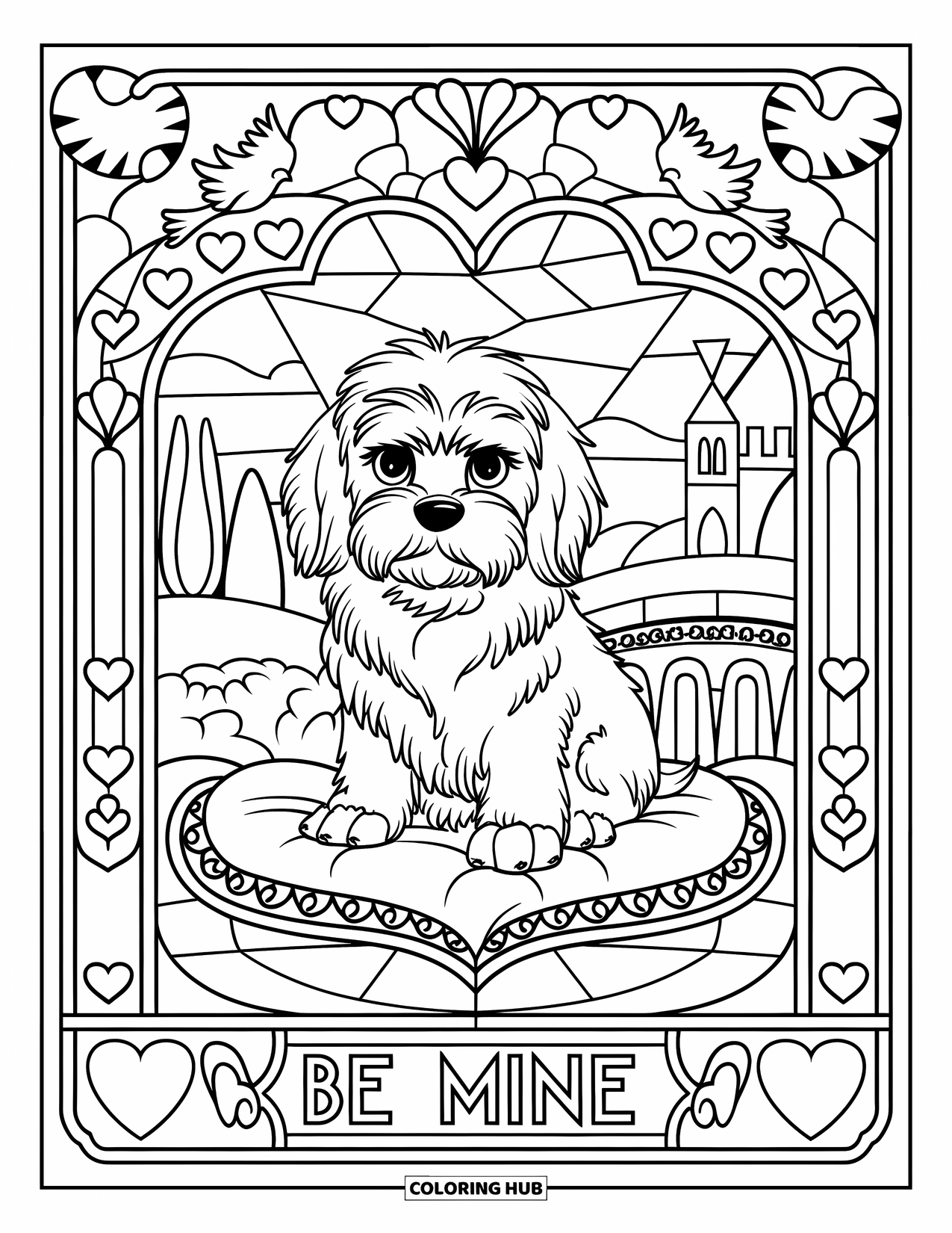 Puppy Valentines Day Coloring Page for Adults: A puppy on a heart cushion framed by hearts, doves, and "Be Mine"