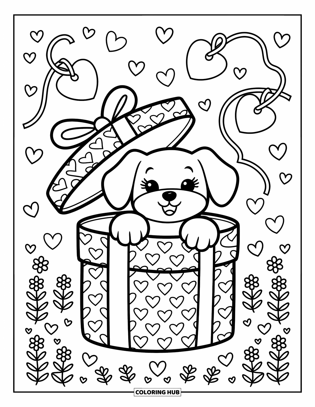 Puppy Valentines Day Coloring Page for Adults: A puppy peeks from a heart-covered gift box with ribbons