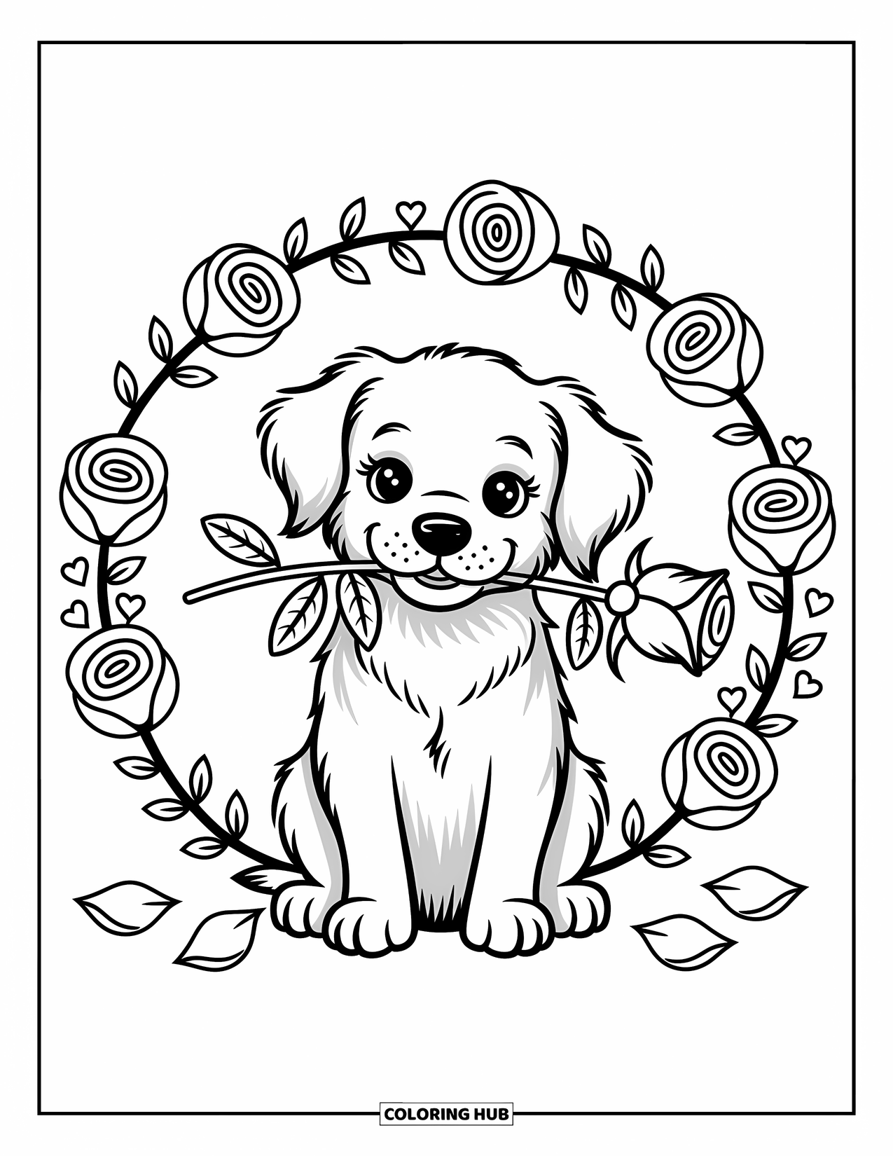 Puppy Valentines Day Coloring Page for Adults: A puppy sits proudly with a rose in its mouth surrounded by petals