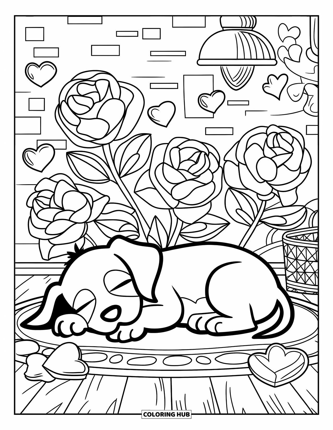 Puppy Valentines Day Coloring Page for Adults: A puppy sleeps on a wooden floor surrounded by roses and hearts