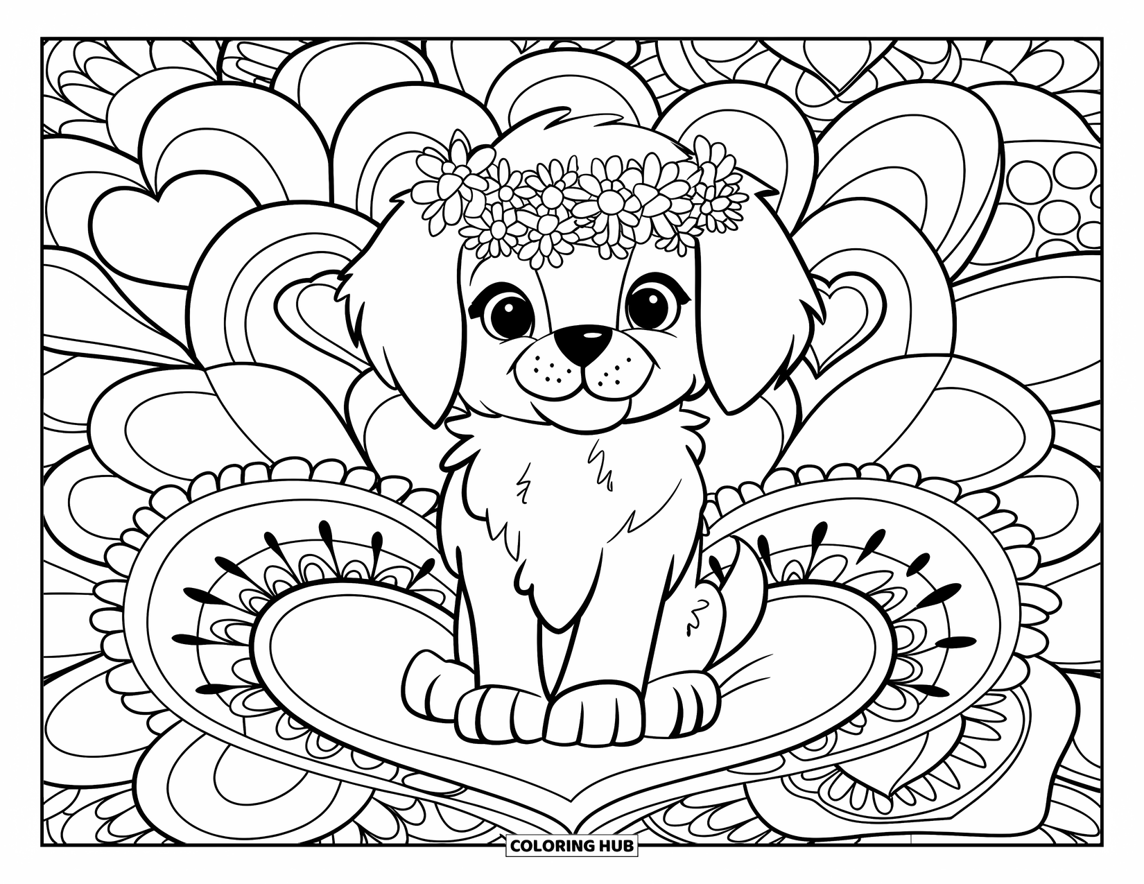 Puppy Valentines Day Coloring Page for Adults: A puppy with a flower crown sits on a heart cushion among heart mandalas