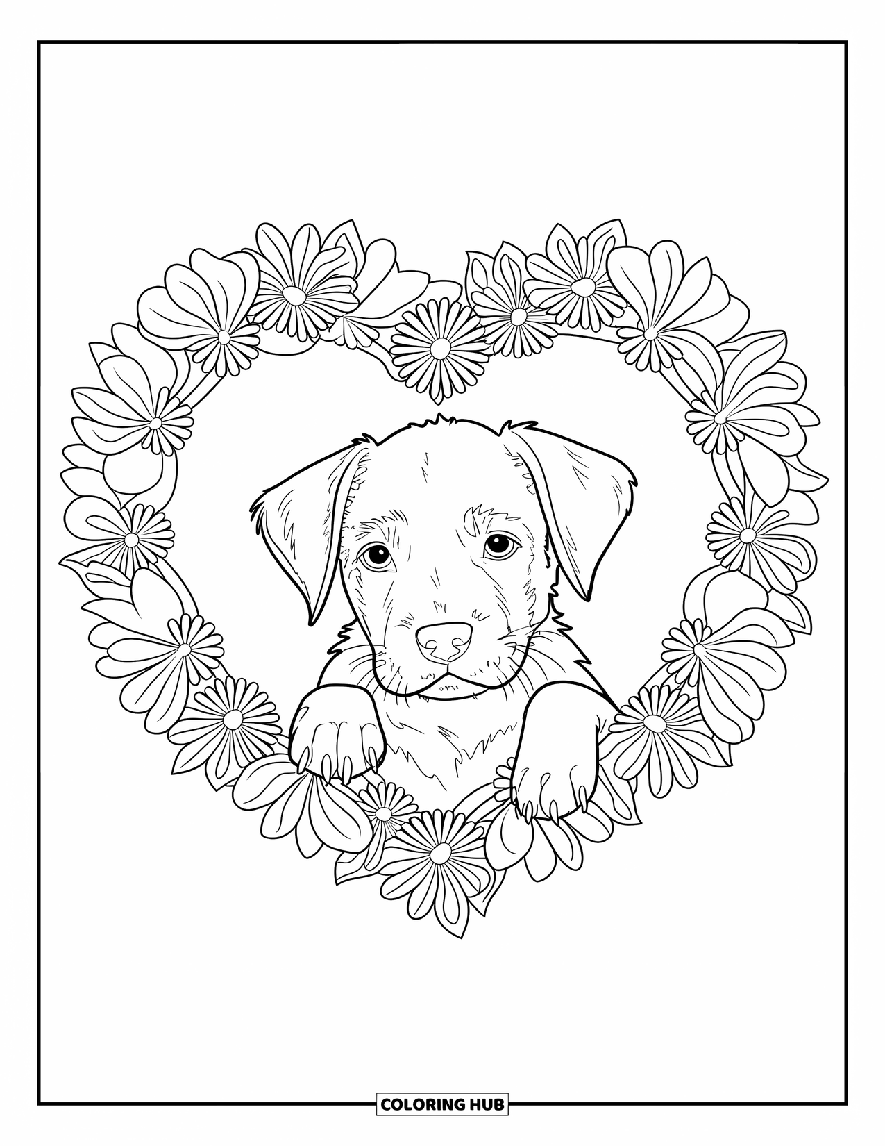 Puppy Valentines Day Coloring Page for Adults: A realistic puppy sits inside a heart mandala of flowers