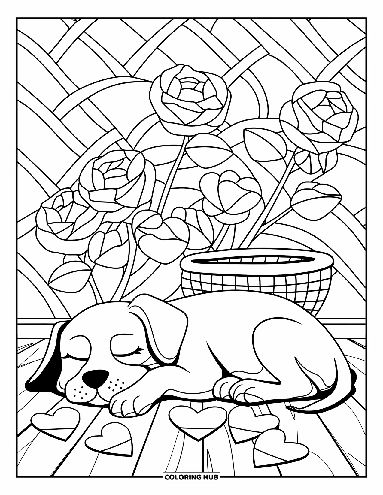 Puppy Valentines Day Coloring Page for Adults: A sleeping puppy lies beside stained glass hearts and roses