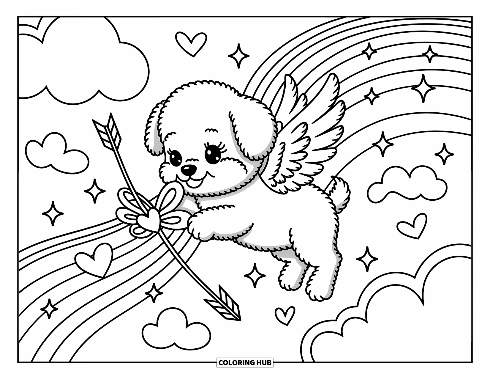 Puppy Valentines Day Coloring Page for Adults: A winged puppy hovers playfully with a tiny heart bow