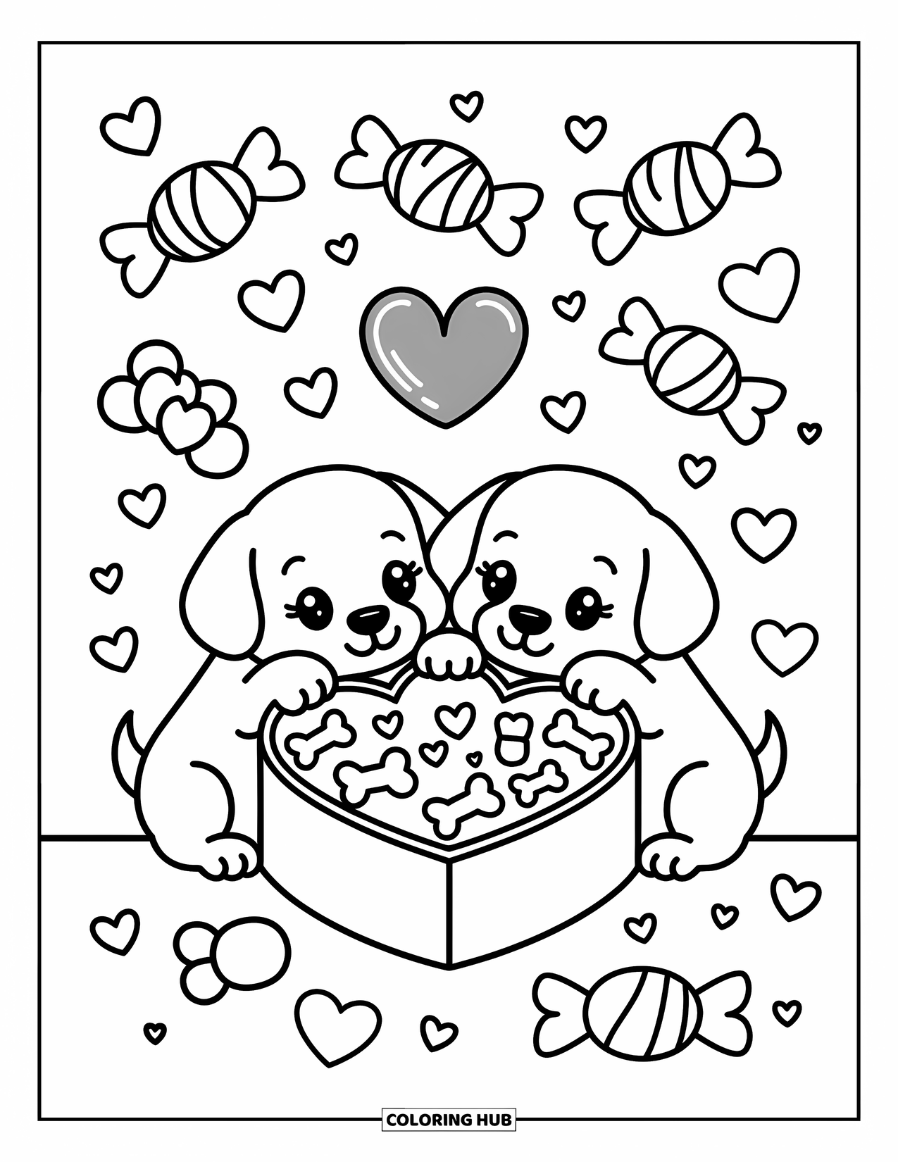 Puppy Valentines Day Coloring Page for Adults: Two cute puppies share a heart-shaped box of treats and love
