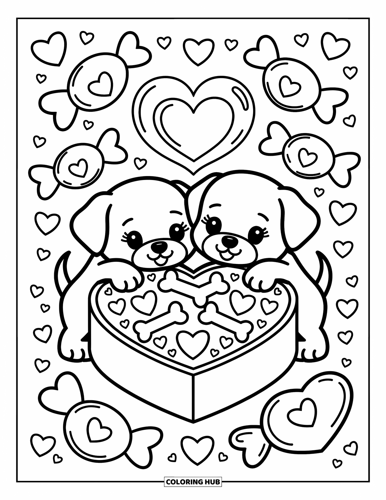 Puppy Valentines Day Coloring Page for Adults: Two puppies hold a heart box surrounded by candy doodles