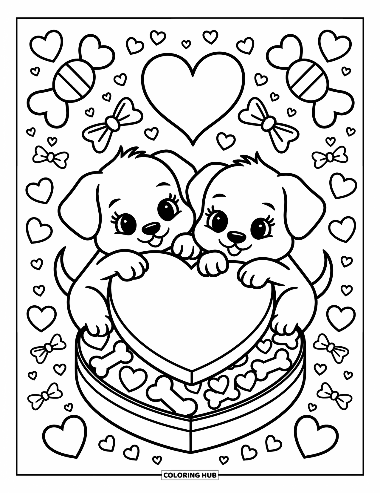 Puppy Valentines Day Coloring Page for Adults: Two puppies share a heart box filled with cookies and candy