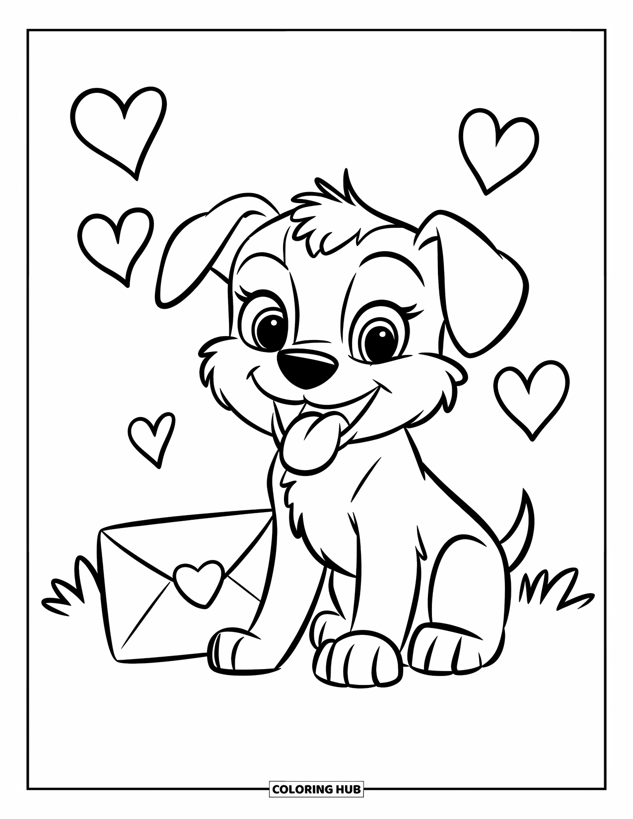 Puppy Valentines Day Coloring Page for Kids: A cheerful puppy plays with an envelope surrounded by hearts