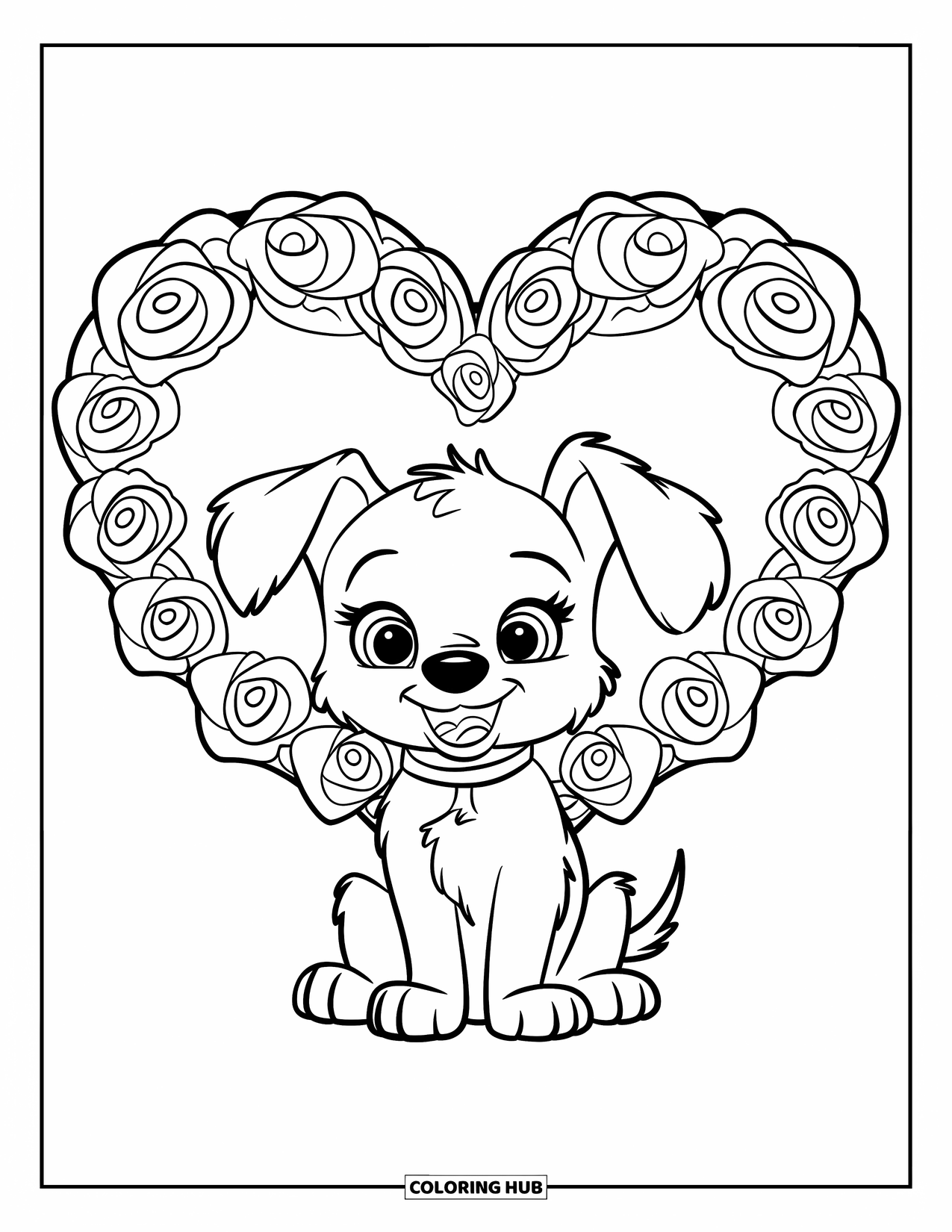 Puppy Valentines Day Coloring Page for Kids: A cute puppy poses with a rose heart and cheerful background