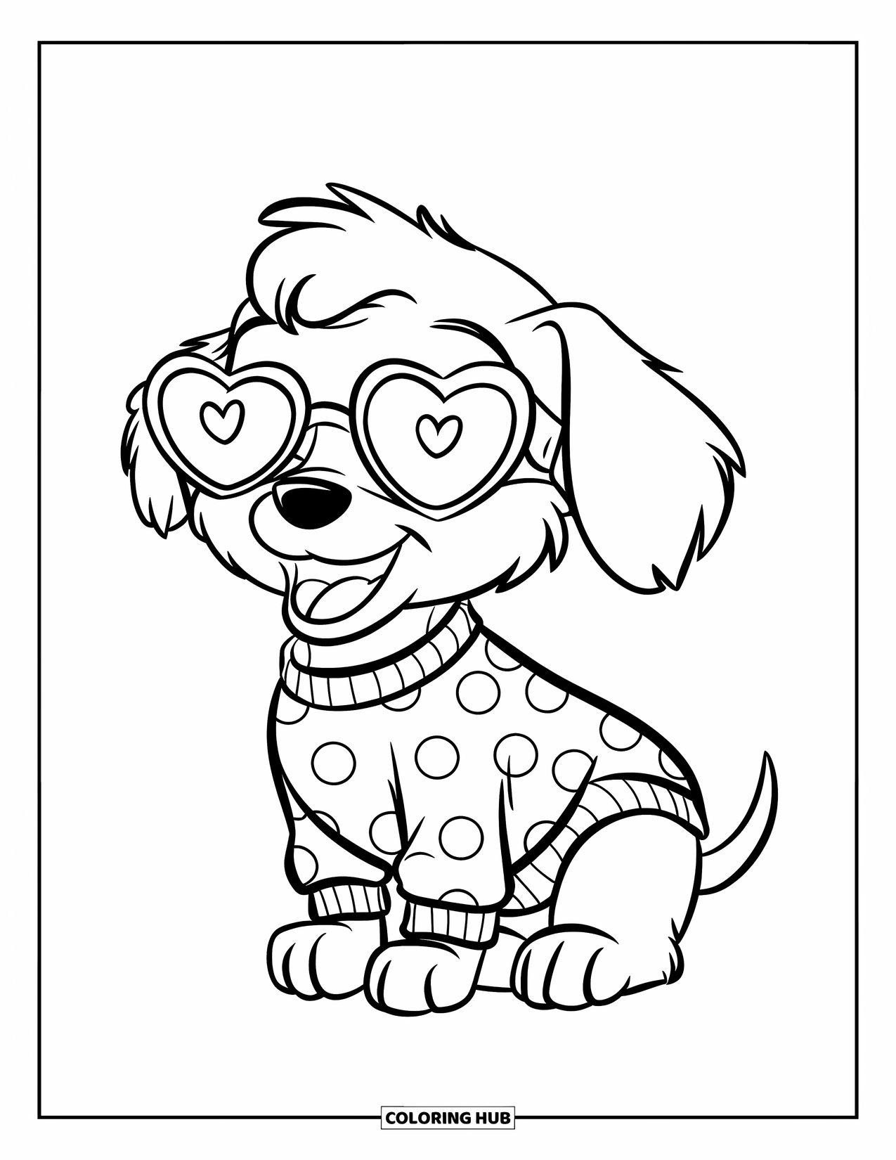 Puppy Valentines Day Coloring Page for Kids: A fashionable puppy with heart shades and a cute sweater