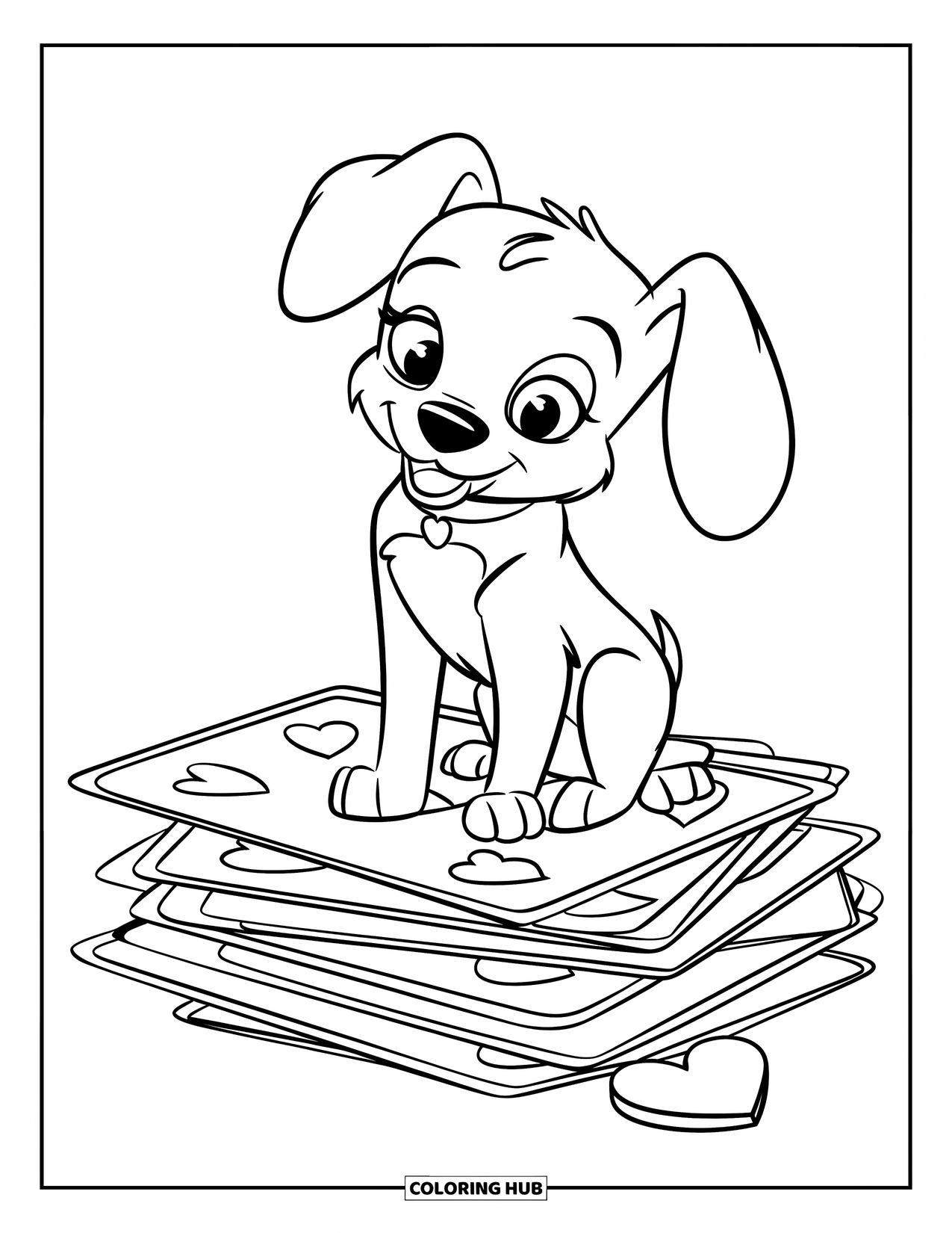 Puppy Valentines Day Coloring Page for Kids: A floppy-eared puppy sits on Valentine cards and pink boxes