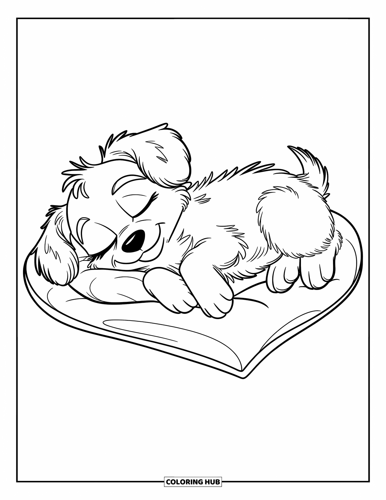 Puppy Valentines Day Coloring Page for Kids: A fluffy puppy sleeps peacefully on a heart pillow with roses