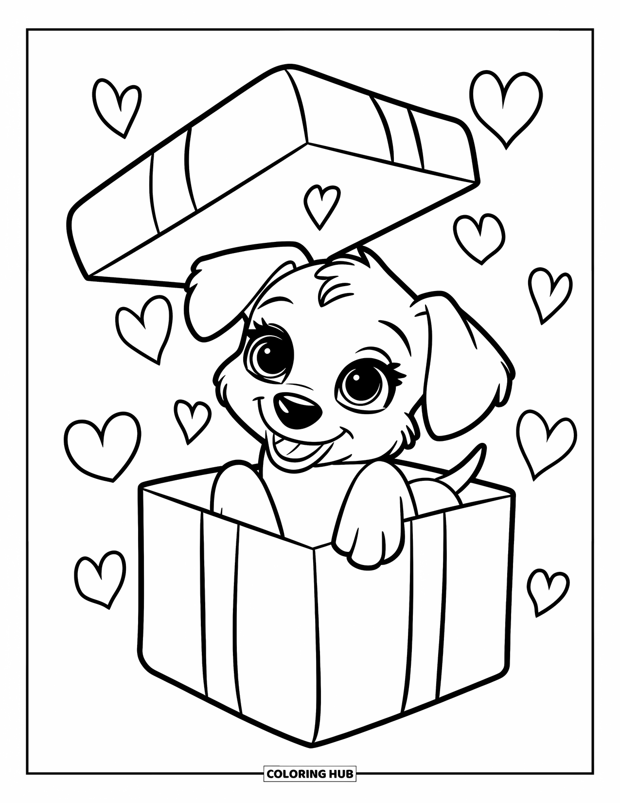 Puppy Valentines Day Coloring Page for Kids: A happy puppy jumps from a gift box with hearts in the air