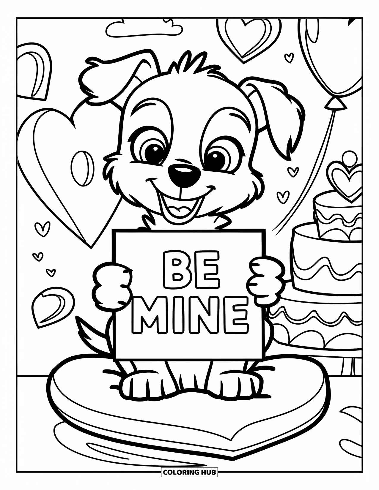 Puppy Valentines Day Coloring Page for Kids: A happy puppy poses with hearts, balloons, and a "Be Mine" sign