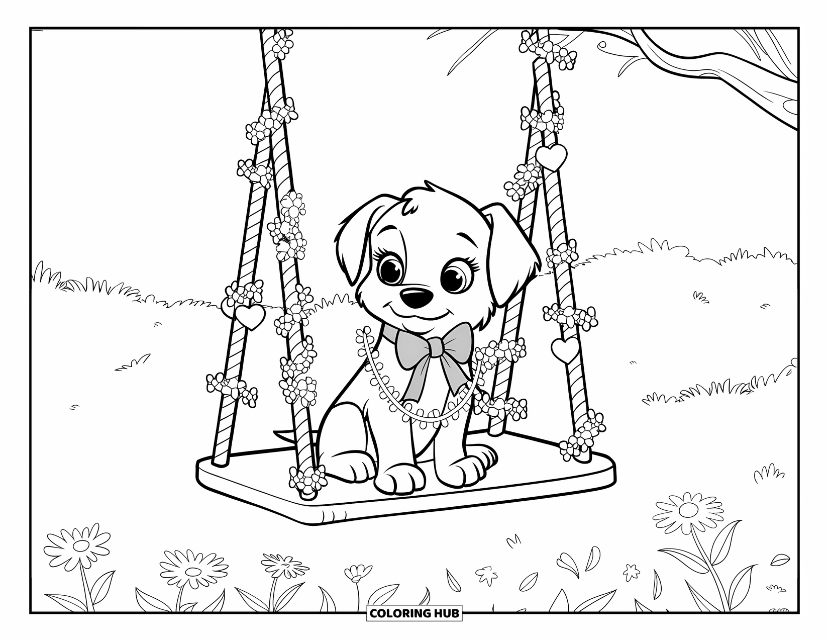 Puppy Valentines Day Coloring Page for Kids: A happy puppy swings beneath Valentine garlands in a flower field
