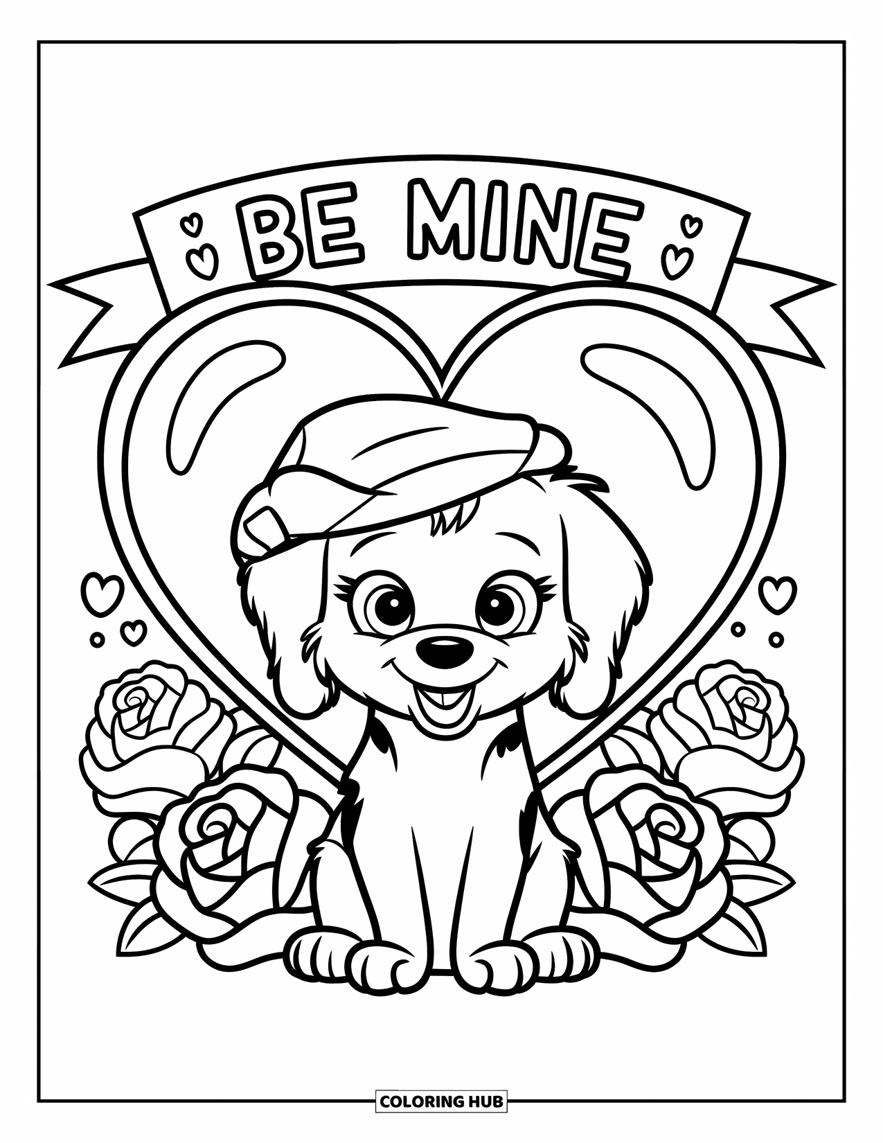 Puppy Valentines Day Coloring Page for Kids: A playful puppy sits by a rose heart under a "Be Mine" banner