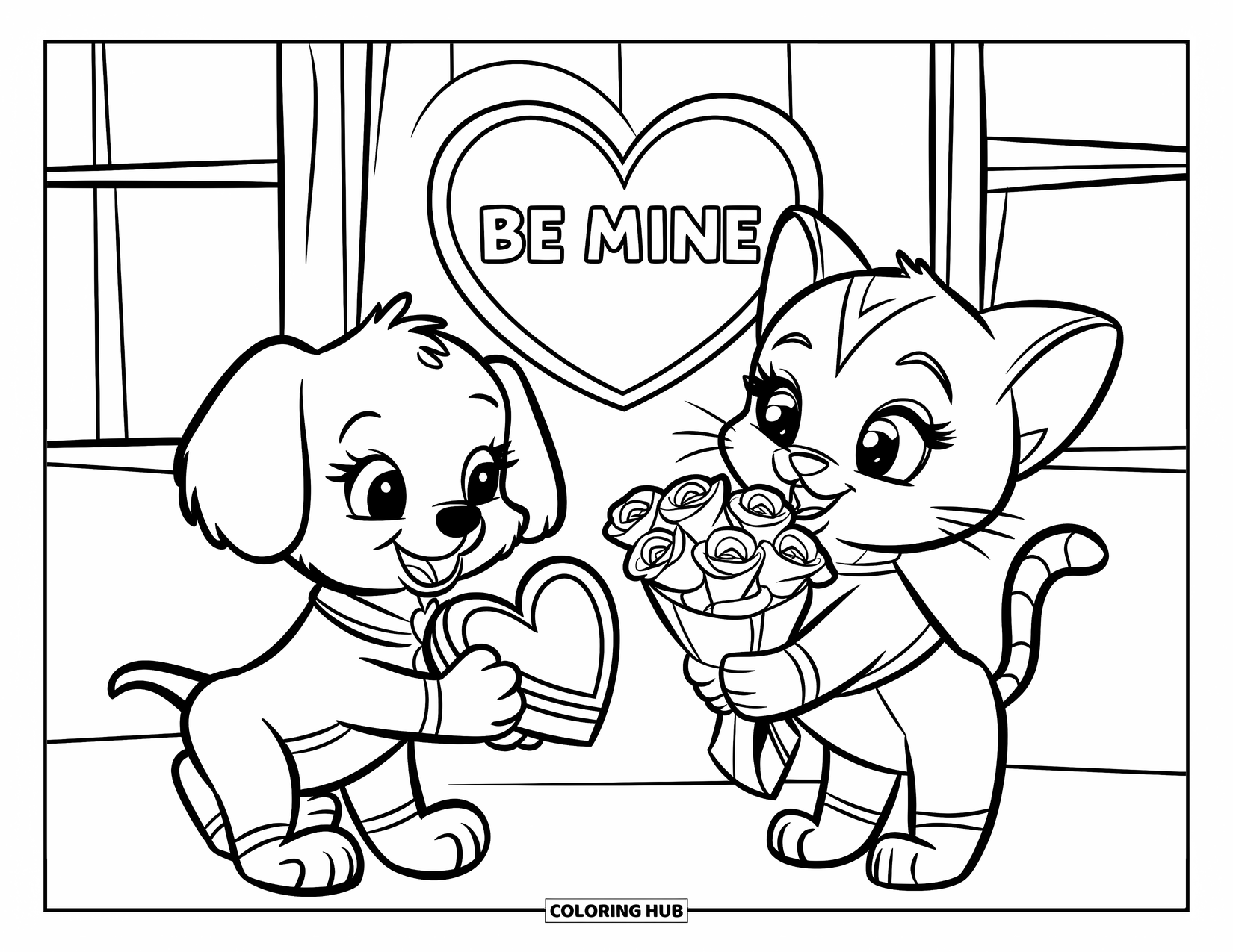 Puppy Valentines Day Coloring Page for Kids: A puppy and kitten exchange Valentine presents by a big heart