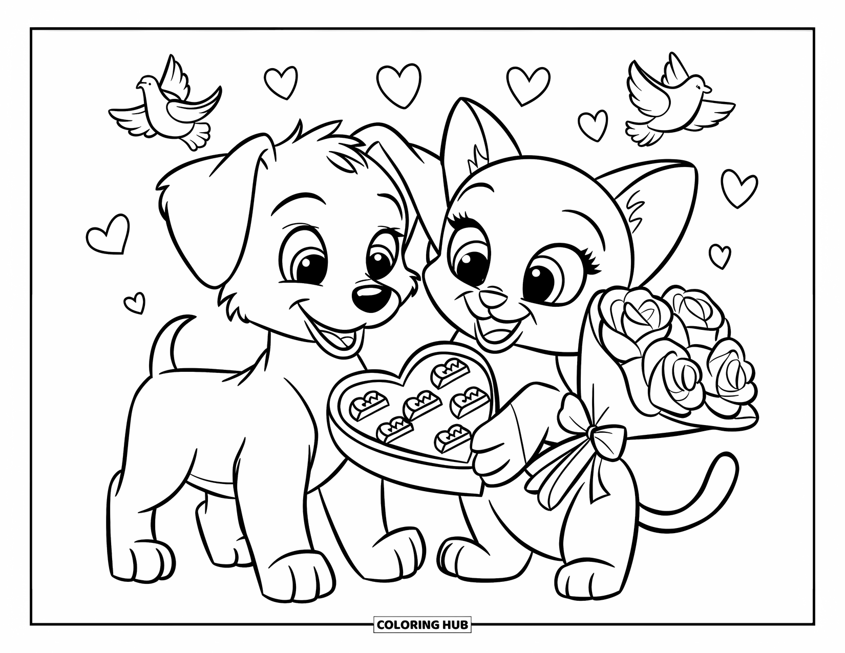 Puppy Valentines Day Coloring Page for Kids: A puppy and kitten trade chocolates and flowers with doves above
