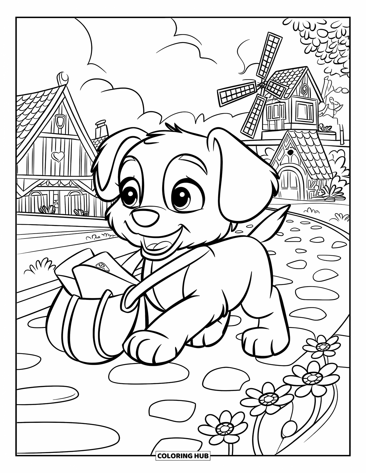 Puppy Valentines Day Coloring Page for Kids: A puppy delivers Valentine letters through a cobblestone village