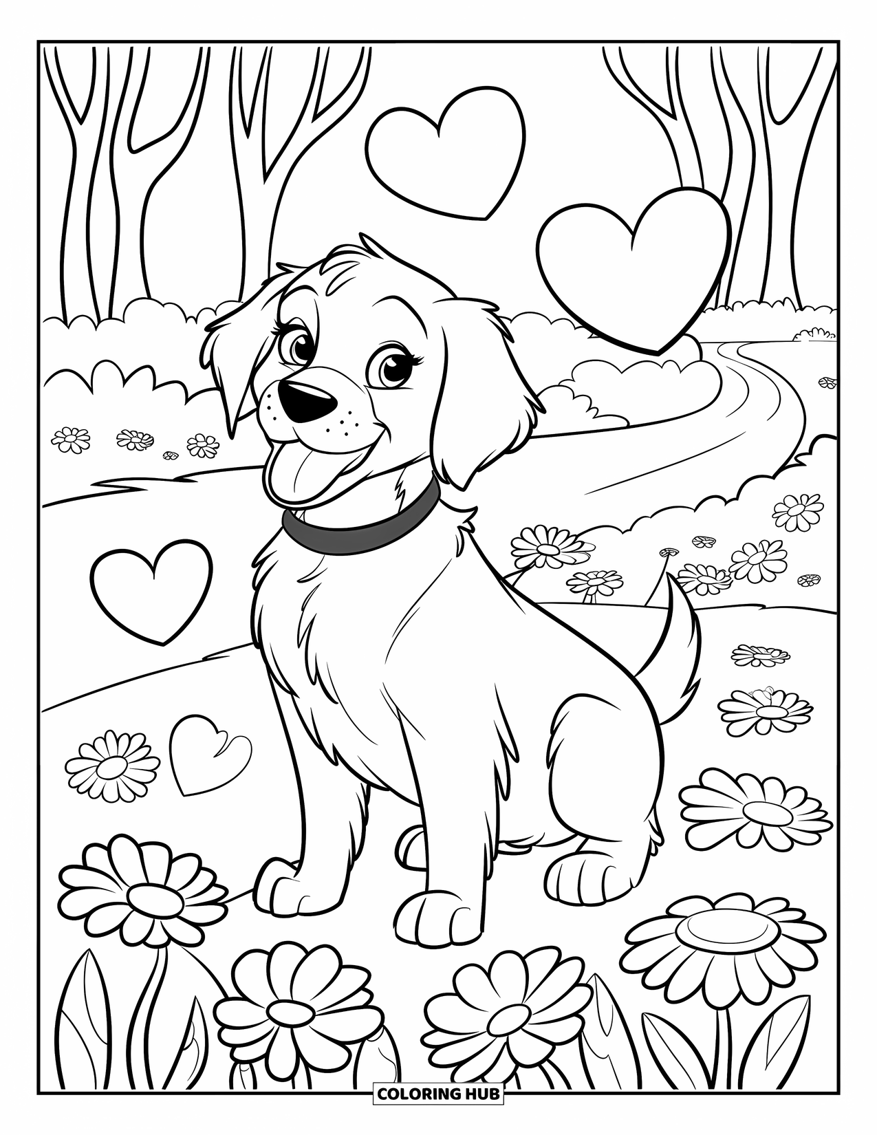 Puppy Valentines Day Coloring Page for Kids: A puppy plays in a flower field filled with floating hearts