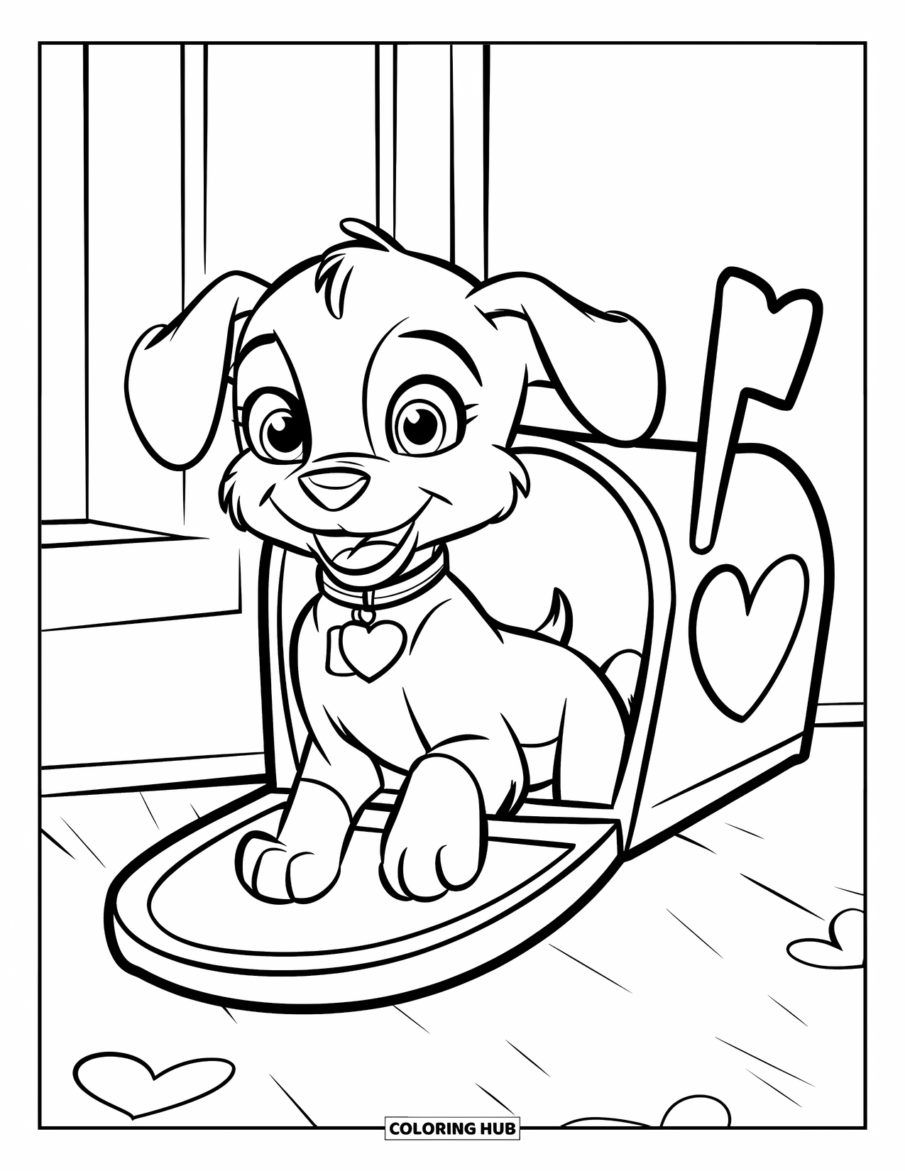 Puppy Valentines Day Coloring Page for Kids: A puppy pops from a mailbox covered in hearts and flowers