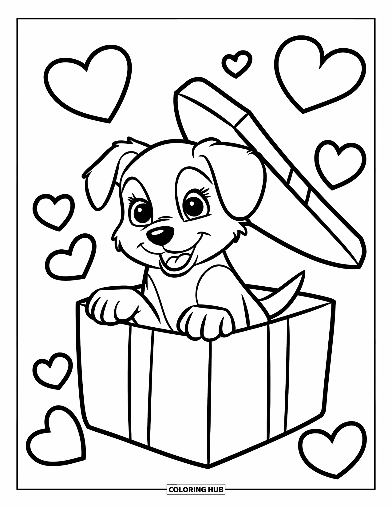Puppy Valentines Day Coloring Page for Kids: A puppy pops out of a Valentine gift box surrounded by hearts