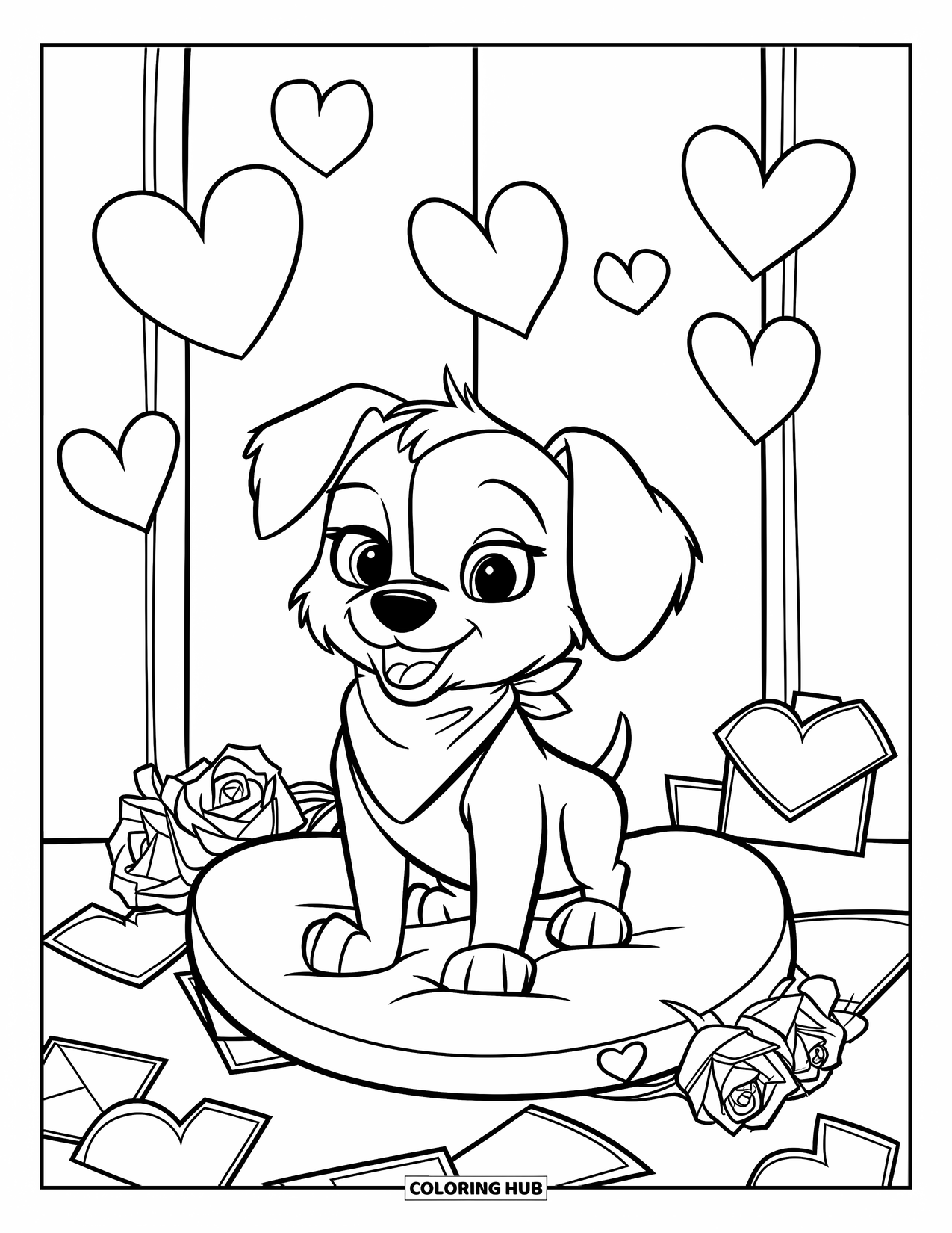 Puppy Valentines Day Coloring Page for Kids: A puppy sits on a heart pillow surrounded by letters and roses