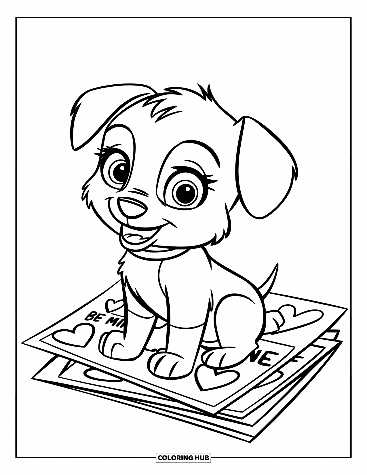 Puppy Valentines Day Coloring Page for Kids: A puppy sits on a pile of Valentine cards wearing a red collar