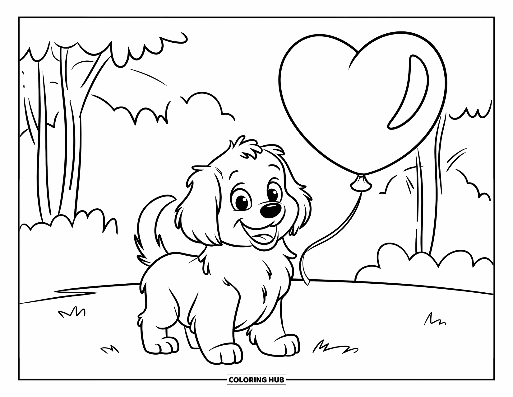 Puppy Valentines Day Coloring Page for Kids: A puppy wags near a floating heart balloon in a grassy field