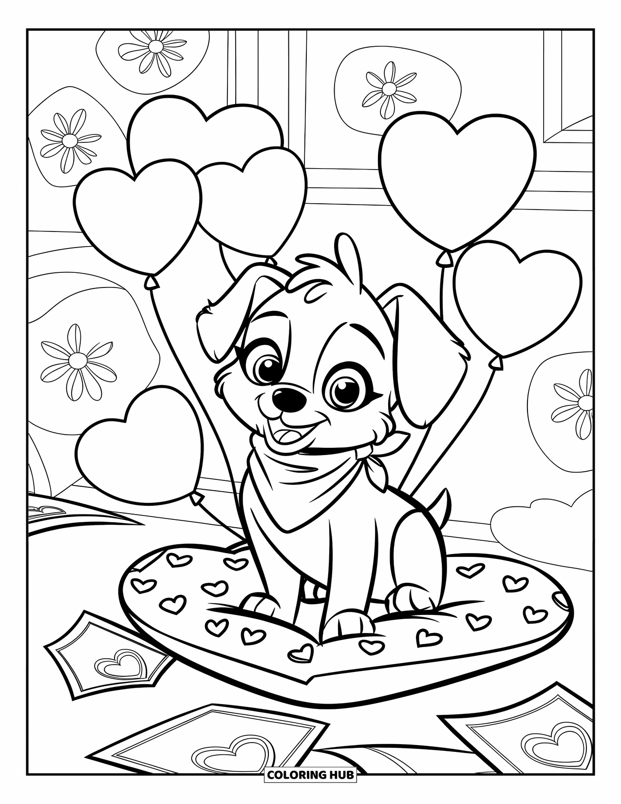 Puppy Valentines Day Coloring Page for Kids: A puppy with a bandana sits beside balloons and love notes