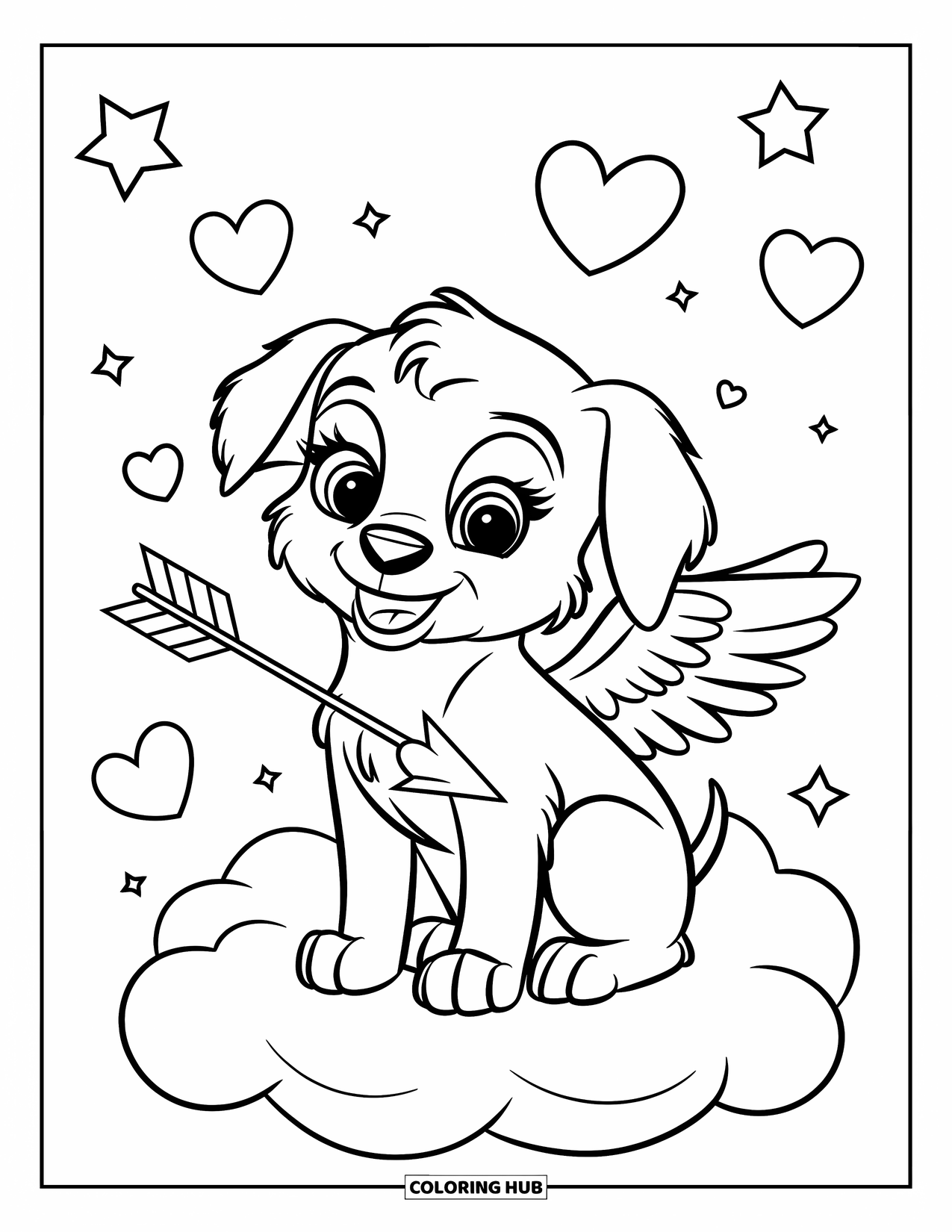 Puppy Valentines Day Coloring Page for Kids: A puppy with wings holds an arrow among floating hearts