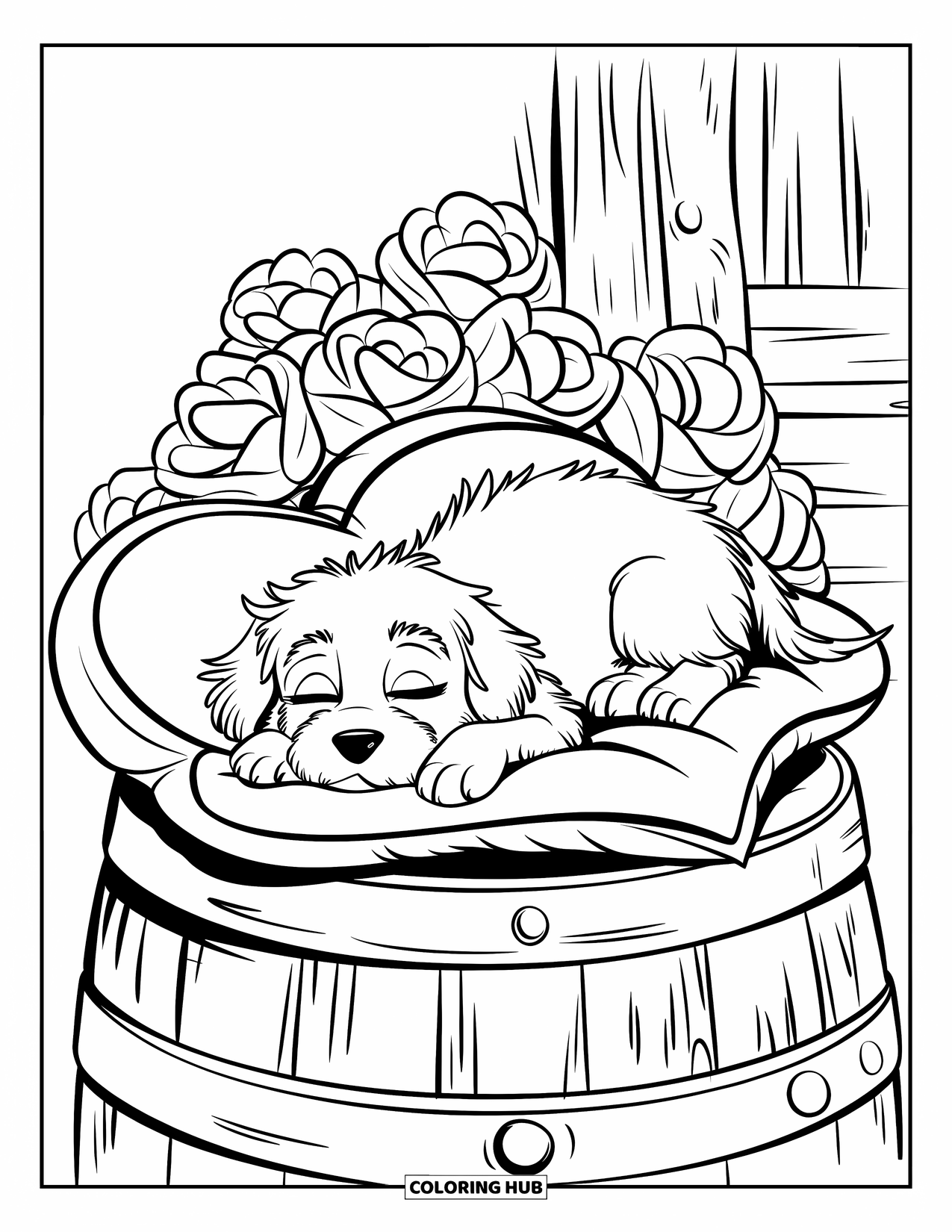 Puppy Valentines Day Coloring Page for Kids: A sleepy puppy naps on a pillow surrounded by Valentine flowers