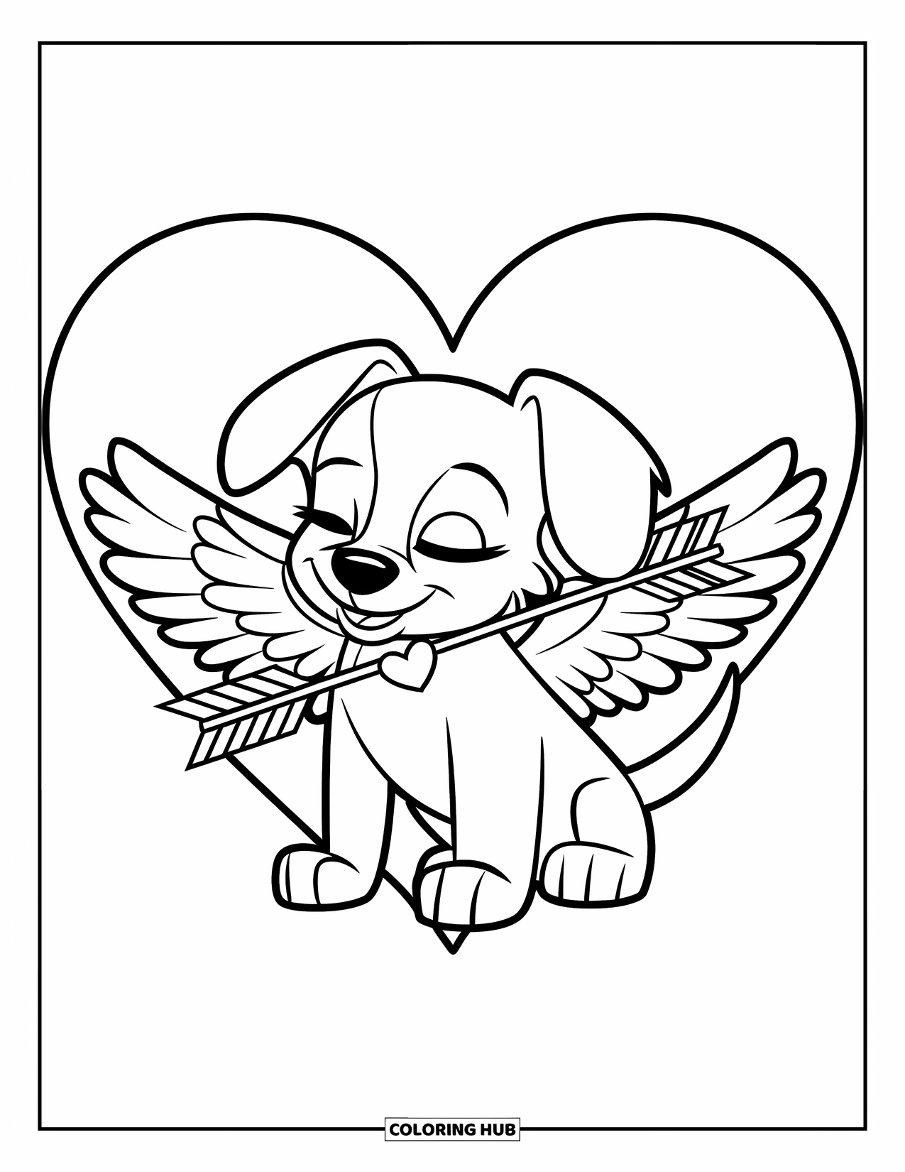 Puppy Valentines Day Coloring Page for Kids: A smiling cupid puppy rests on a fluffy cloud of hearts