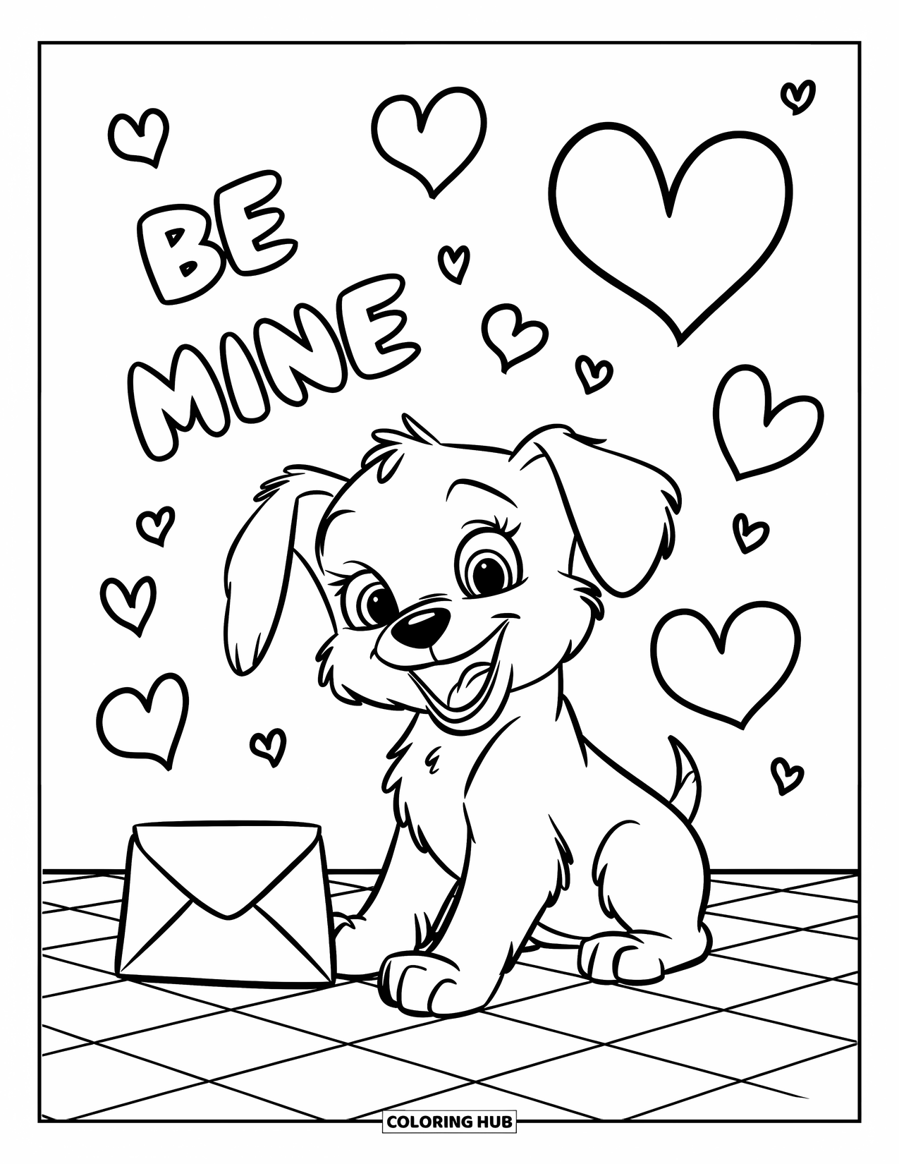 Puppy Valentines Day Coloring Page for Kids: A smiling puppy sits near a Valentine envelope marked "Be Mine"