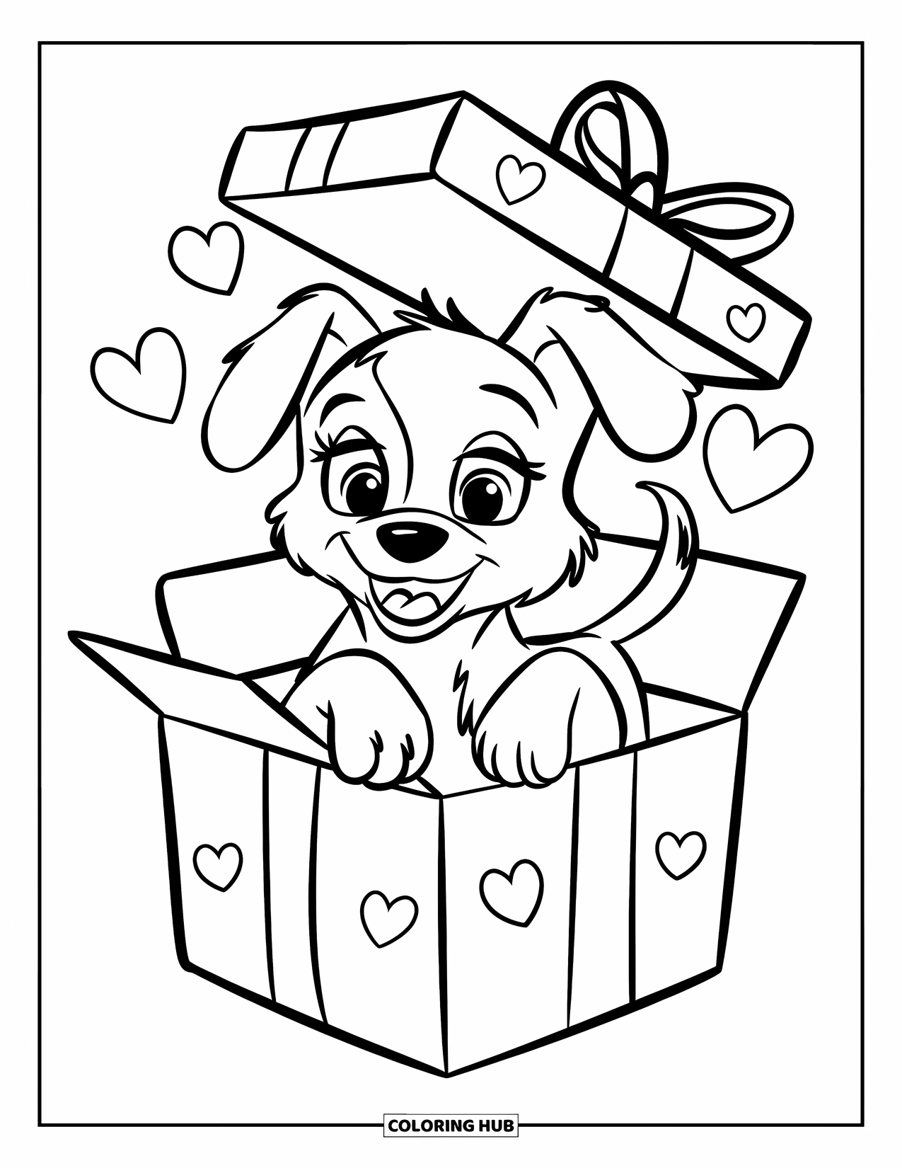 Puppy Valentines Day Coloring Page for Kids: A wagging puppy bursts from a Valentine box filled with hearts