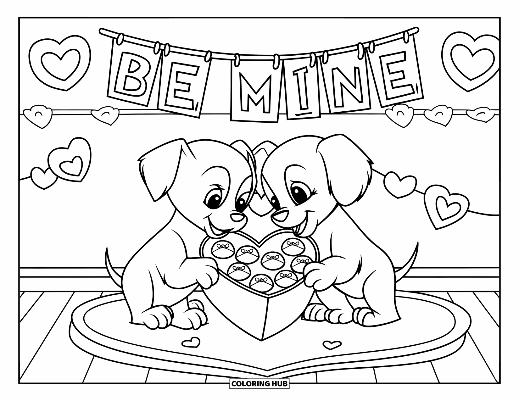 Puppy Valentines Day Coloring Page for Kids: Puppies in sweaters share a chocolate heart under a "Be Mine" banner