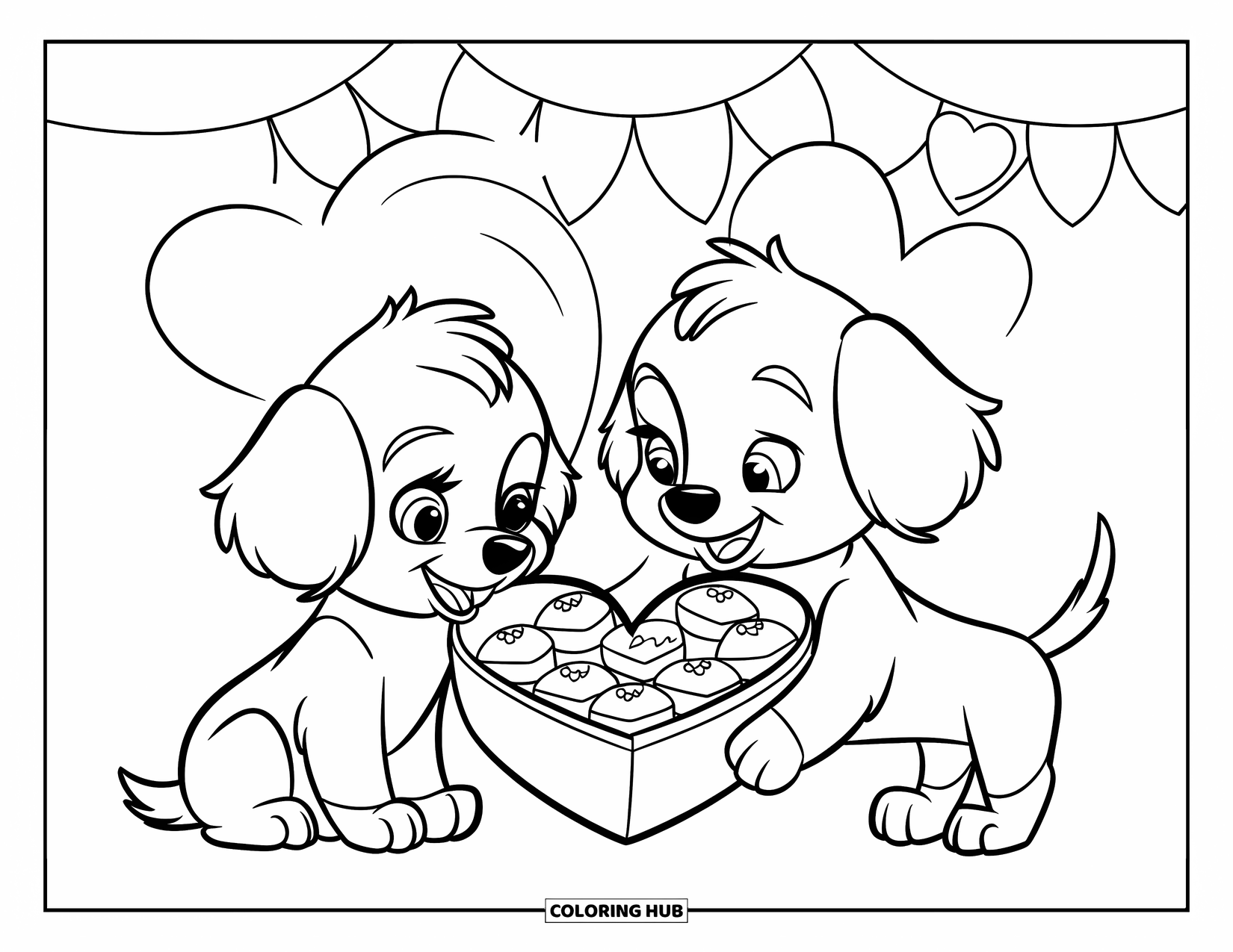 Puppy Valentines Day Coloring Page for Kids: Two puppies share chocolates surrounded by hearts and ribbons
