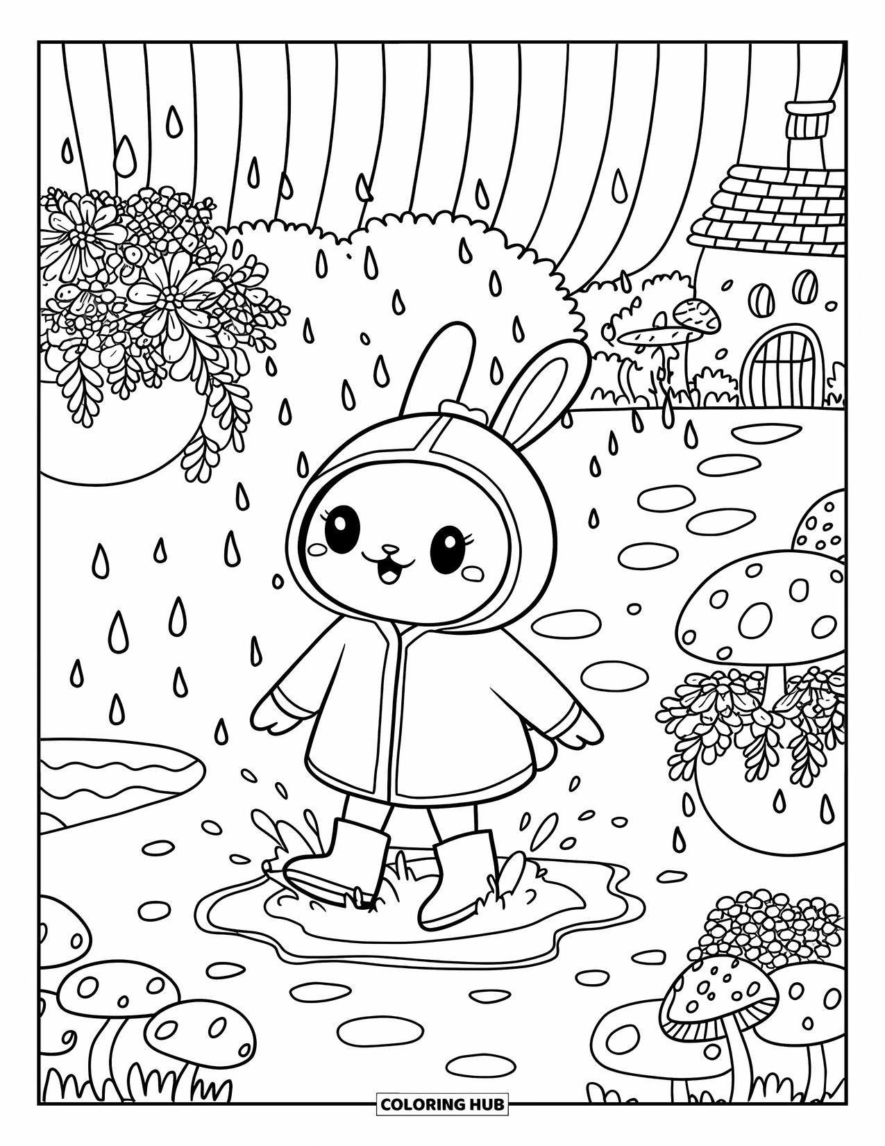 Rain Coloring Page for Adults: A cheerful bunny in boots splashes in puddles near a cozy cottage