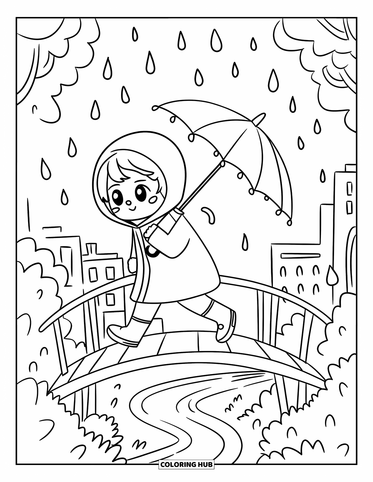 Rain Coloring Page for Adults: A cheerful chibi child runs over a bridge as cute raindrops fall