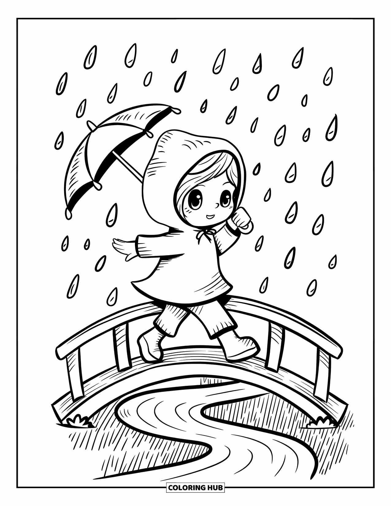 Rain Coloring Page for Adults: A chibi child in a poncho runs across a footbridge holding an umbrella