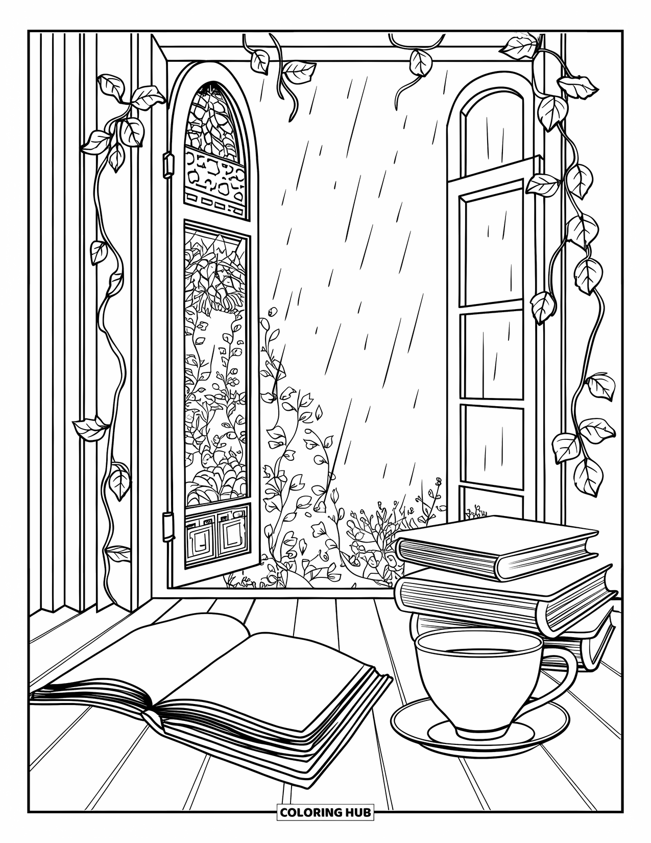 Rain Coloring Page for Adults: A cozy desk with a journal, teacup, and books near a rainy window