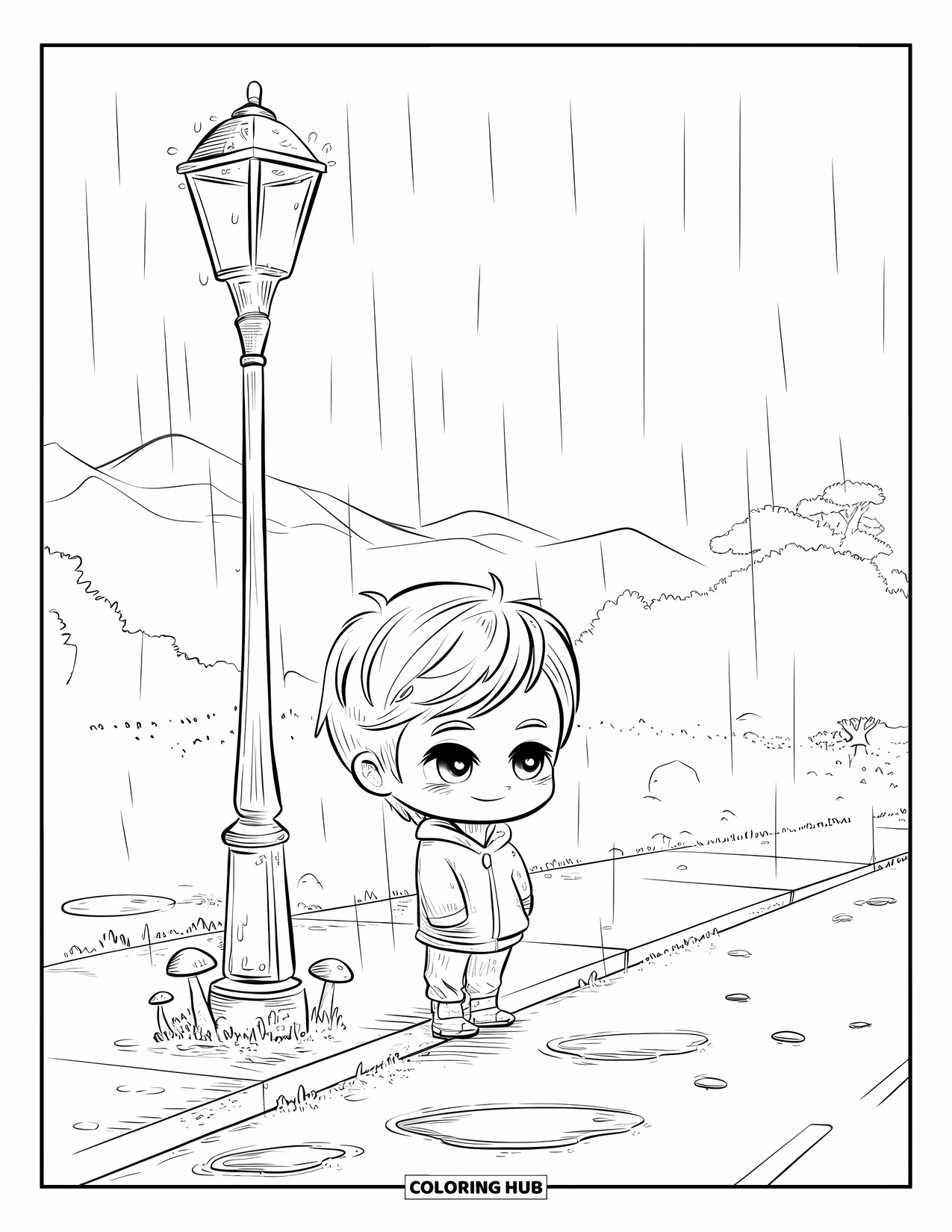 Rain Coloring Page for Adults: A kawaii chibi boy stands near a lamppost on a rainy street
